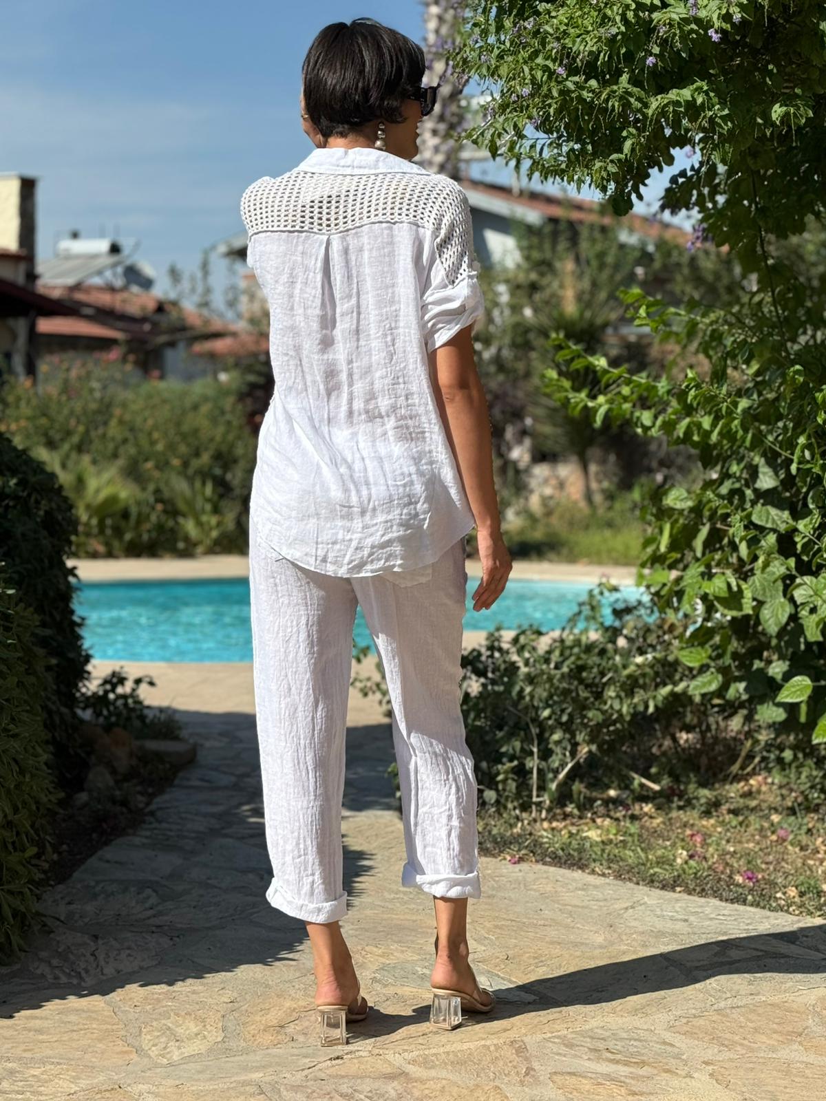 NC55557 İtalyan Ön Arka File Erkek Yaka Keten Takım Beyaz