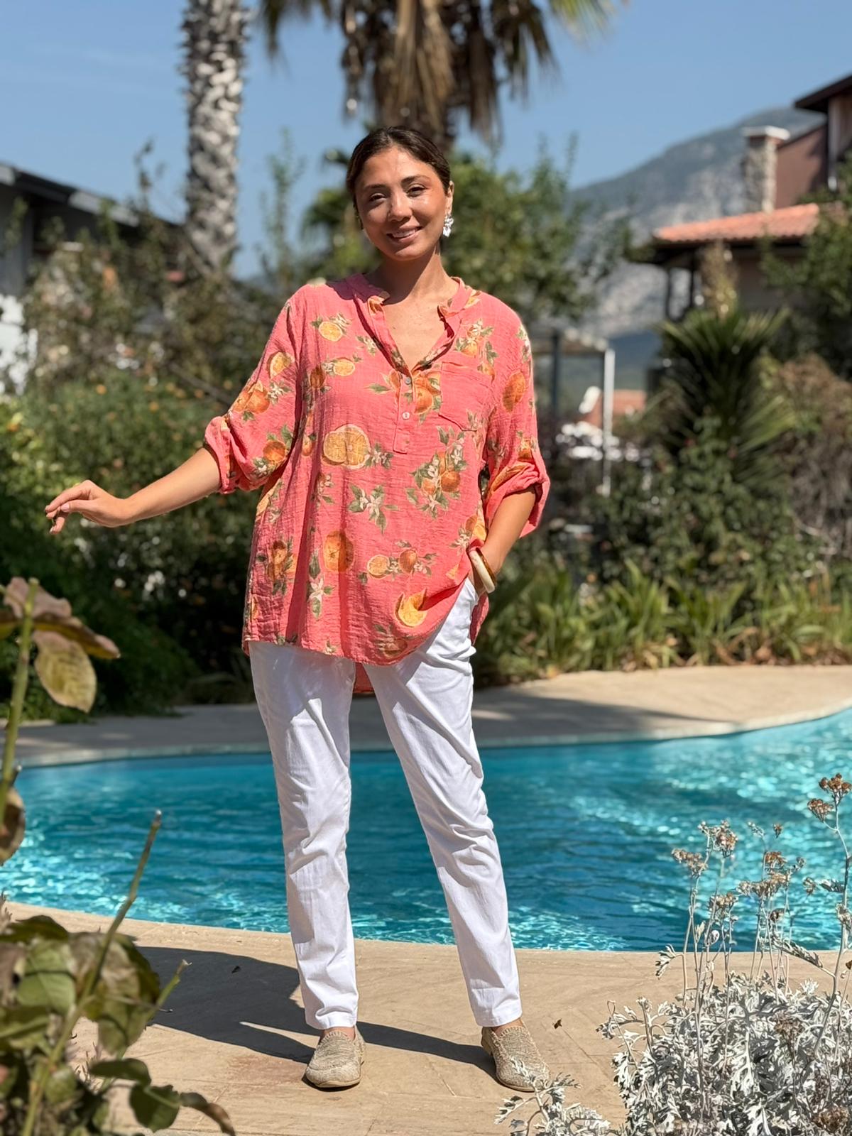 NC154553 İtalyan Pamuk Keten Bluz Mercan