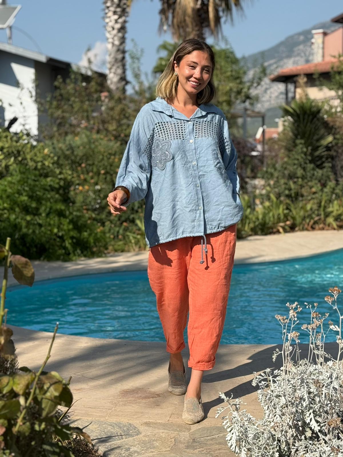 N23003 Blusa Lino Algodón Italiano Visón