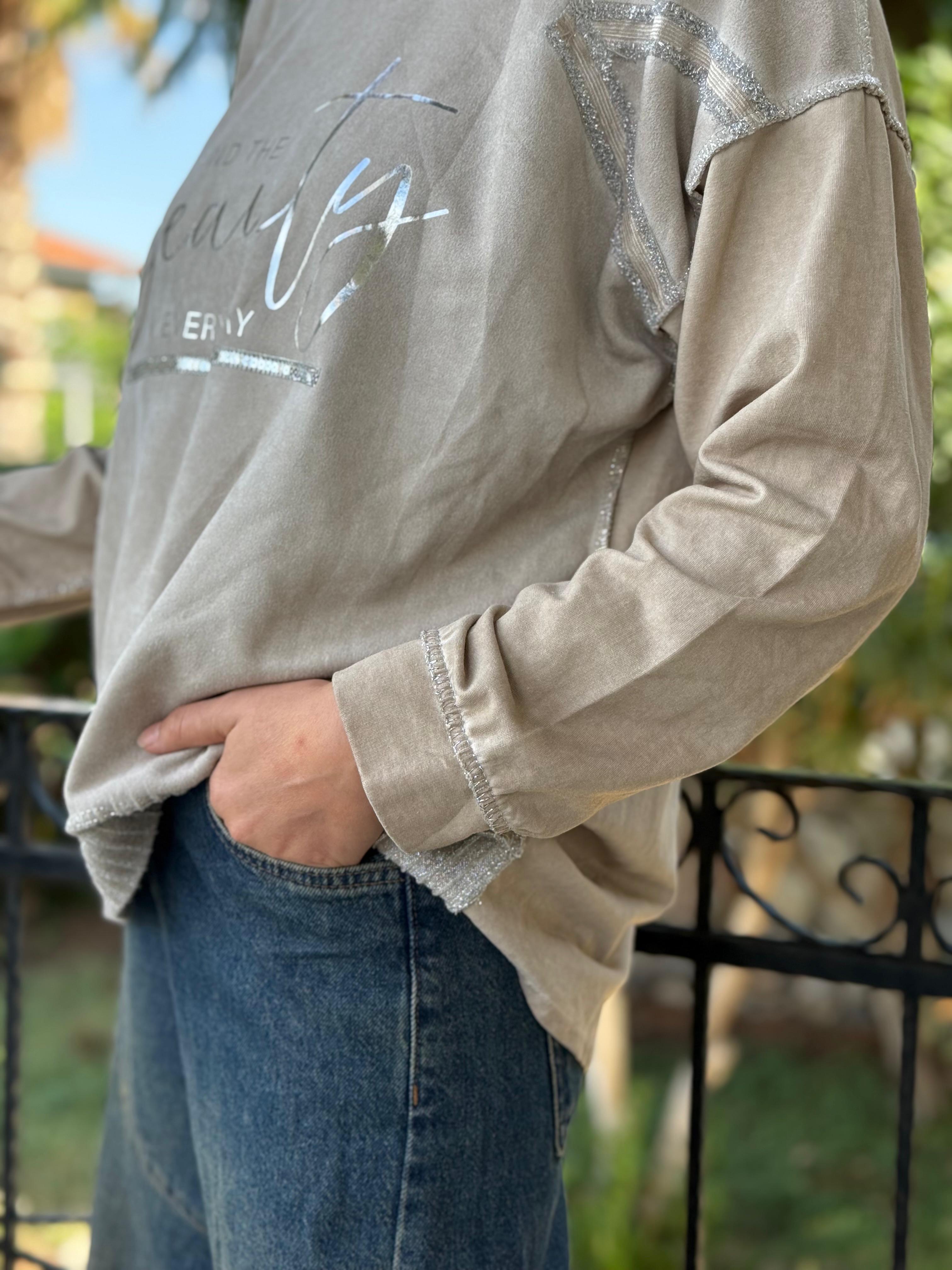 NC50793 İtalyan Beauty Yazılı Coton Sweatshirt Krem