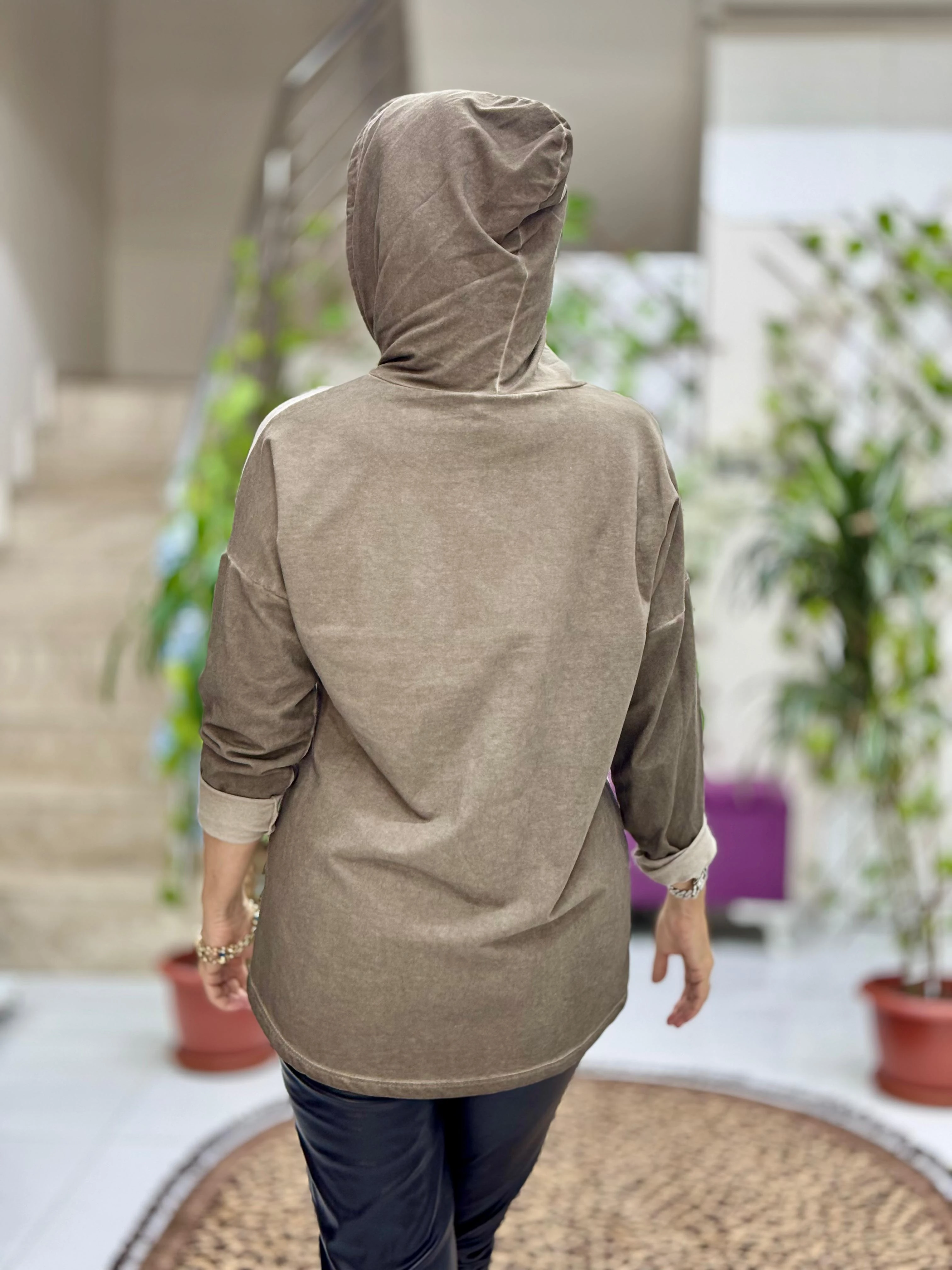 NC56868 İtalyan Enjoy Yazılı Kapüşonlu Coton Sweatshirt Kahverengi