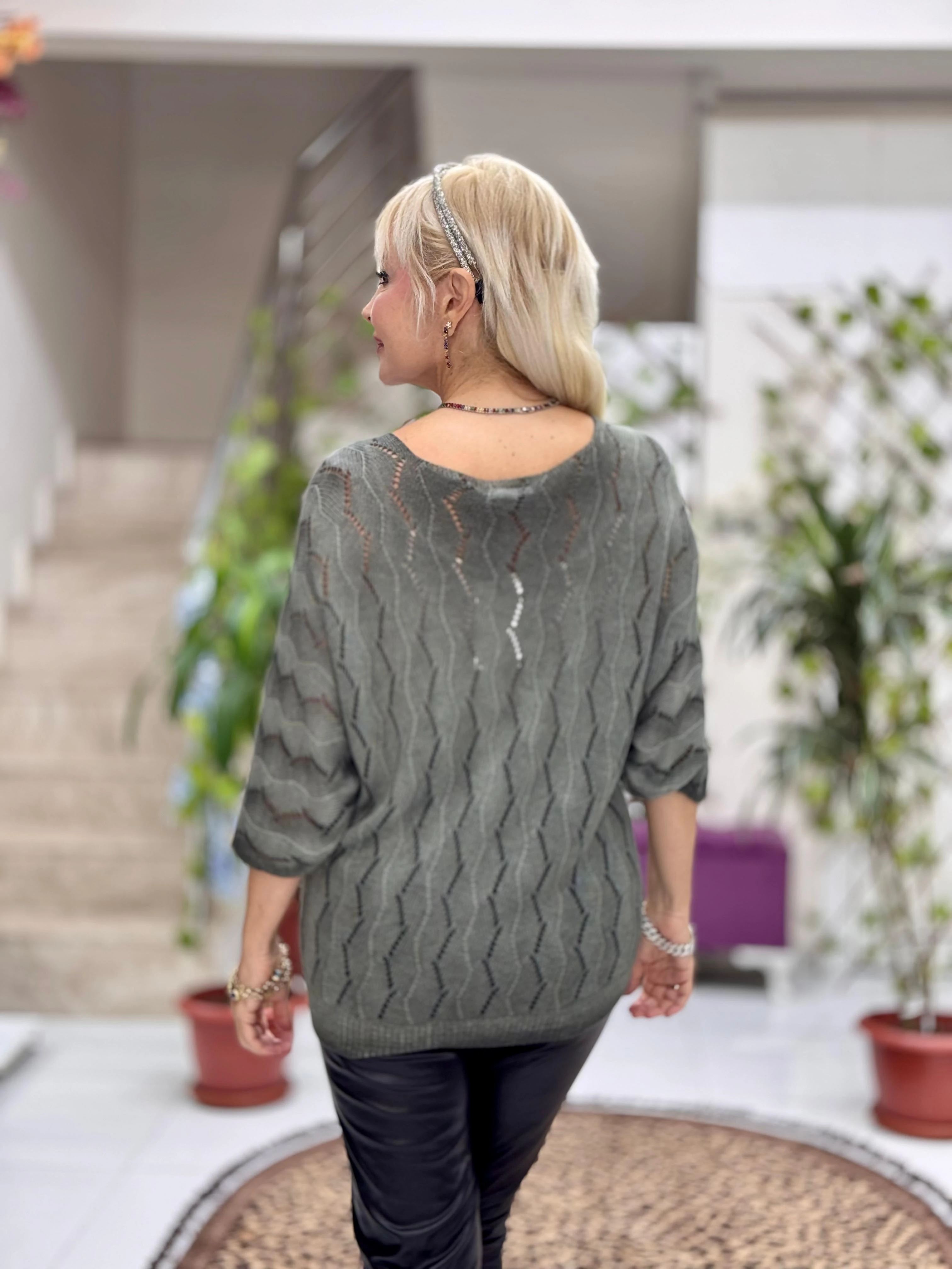 NC6071 İtalyan Fakir Kol Zikzak Desenli İnce Triko Bluz Yeşil