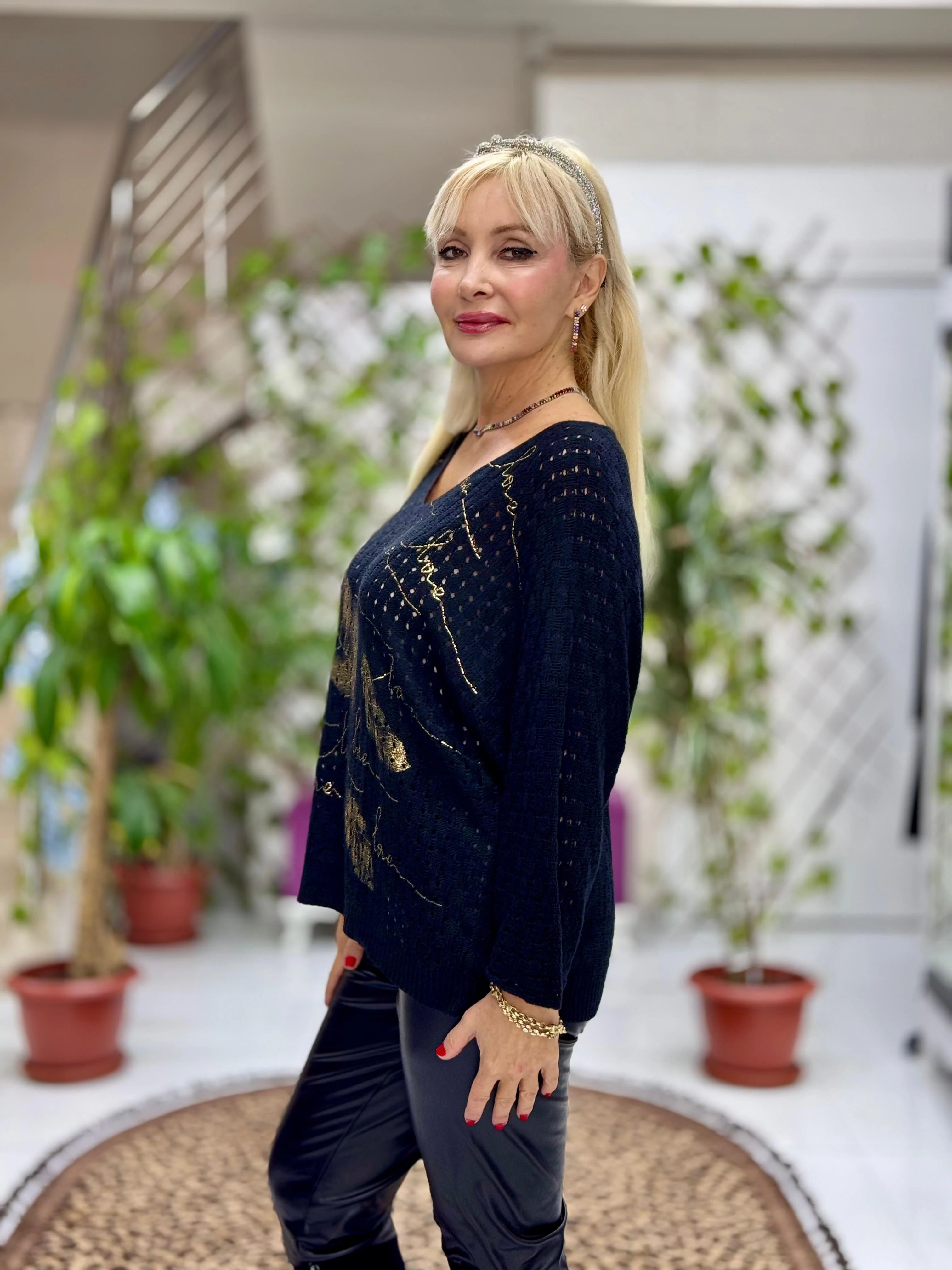 YG6020 Yaldız İşlemeli File İtalyan Kazak Siyah