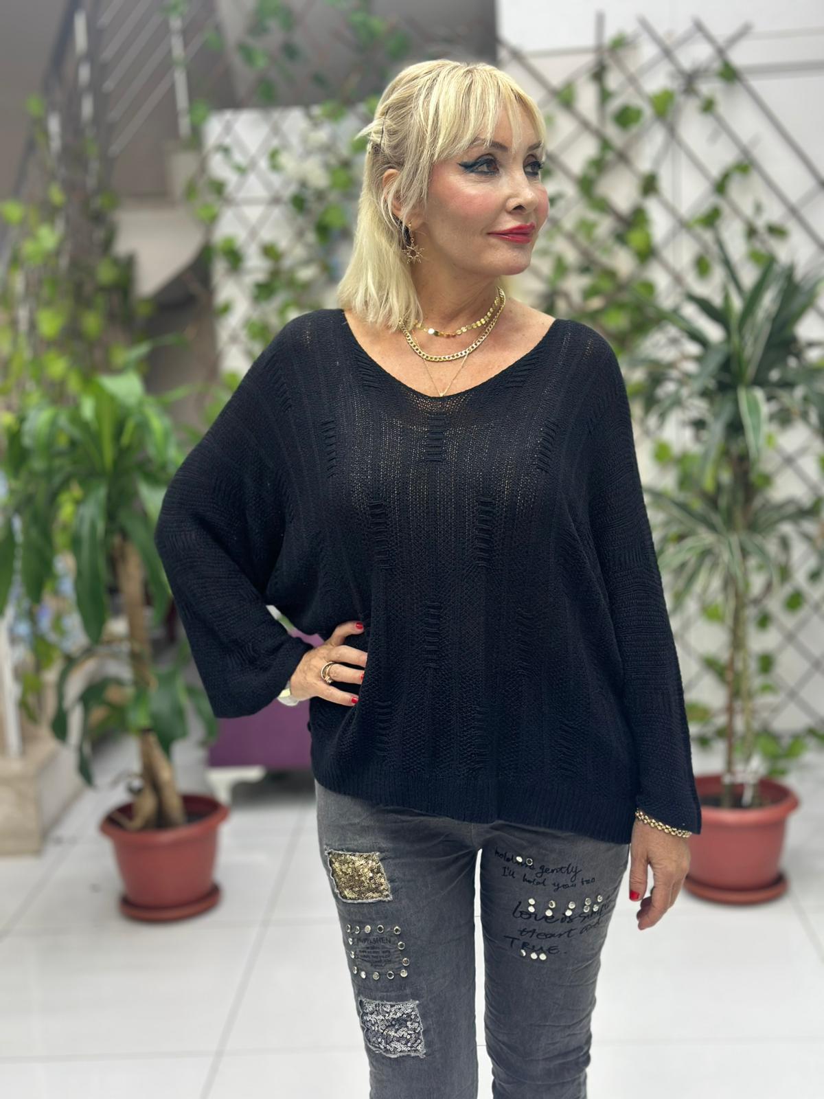 LS8713 İtalyan Çizgi Desenli Triko Bluz Siyah