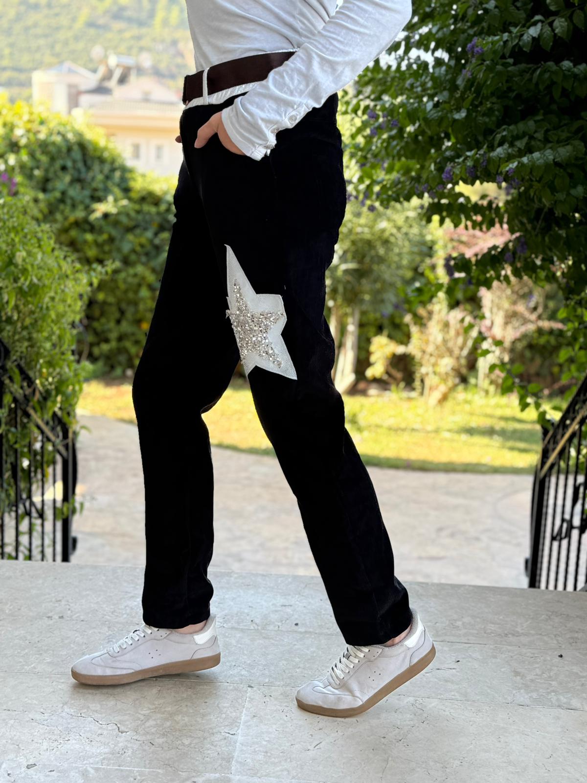 LS12520 İtalyan Yıldız Taşlı Kadife Pantolon Siyah