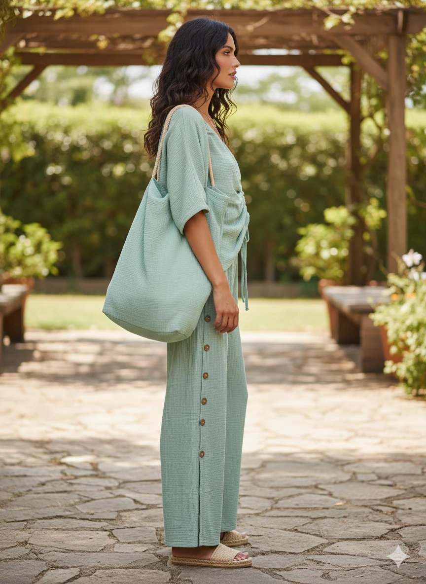 AY23766 Önü Büzgülü Pantolonu Yırtmaçlı Müslin Takım Mint