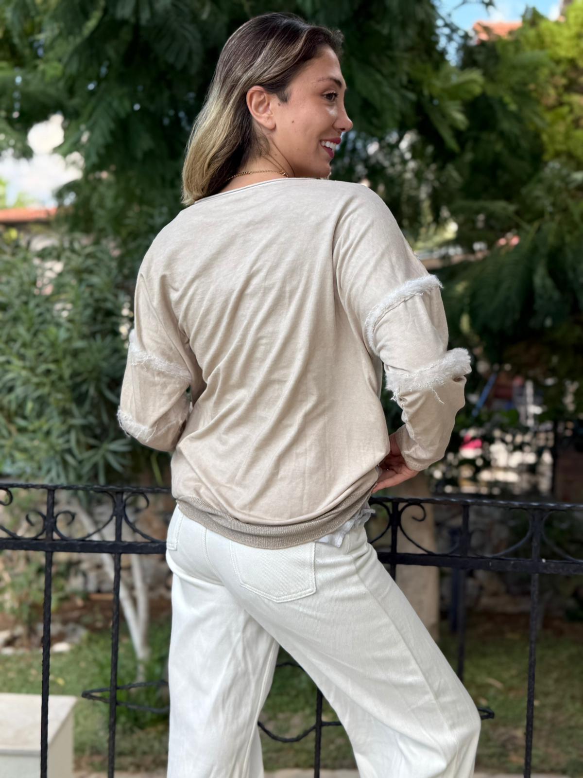 NC53659C İtalyan MIN Taşlı Coton Sweatshirt Krem
