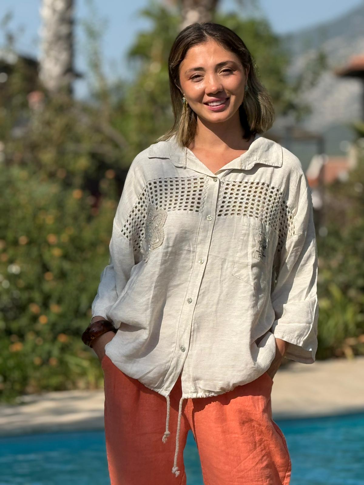 N23003 Blusa Lino Algodón Italiano Visón