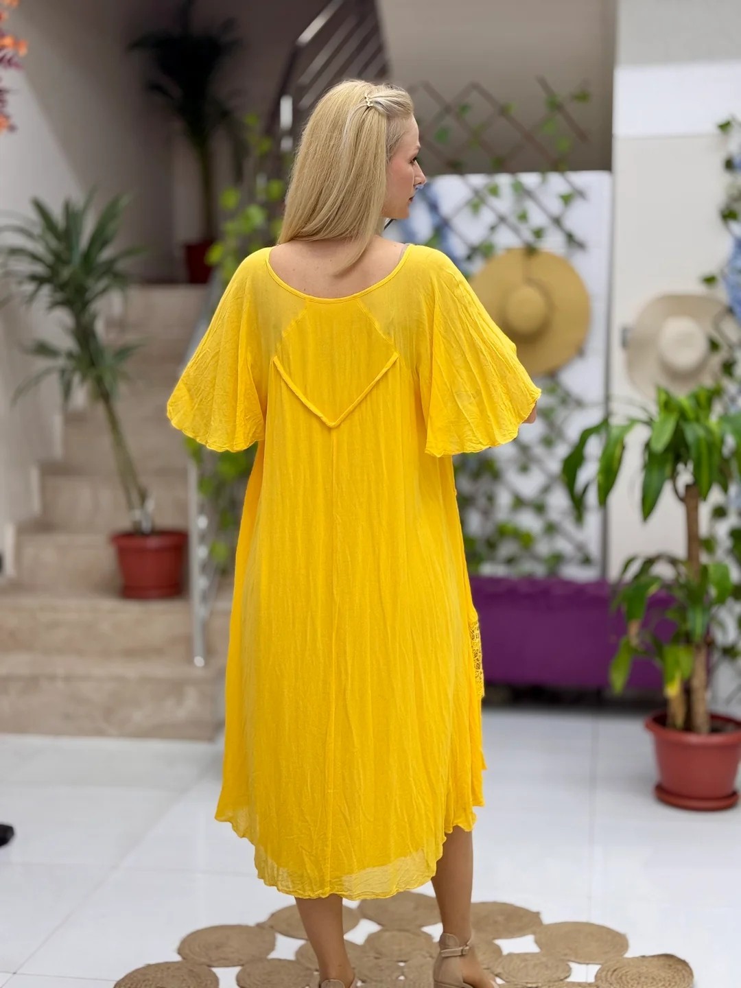VL11055 Pencereli Vual Elbise Sarı