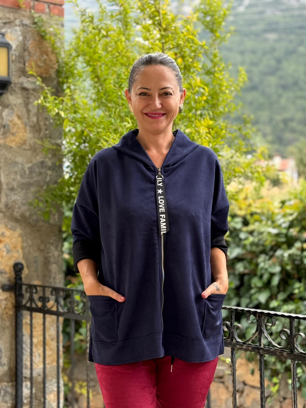 YG12477 Kapişonlu Süet İtalyan Ceket Lacivert