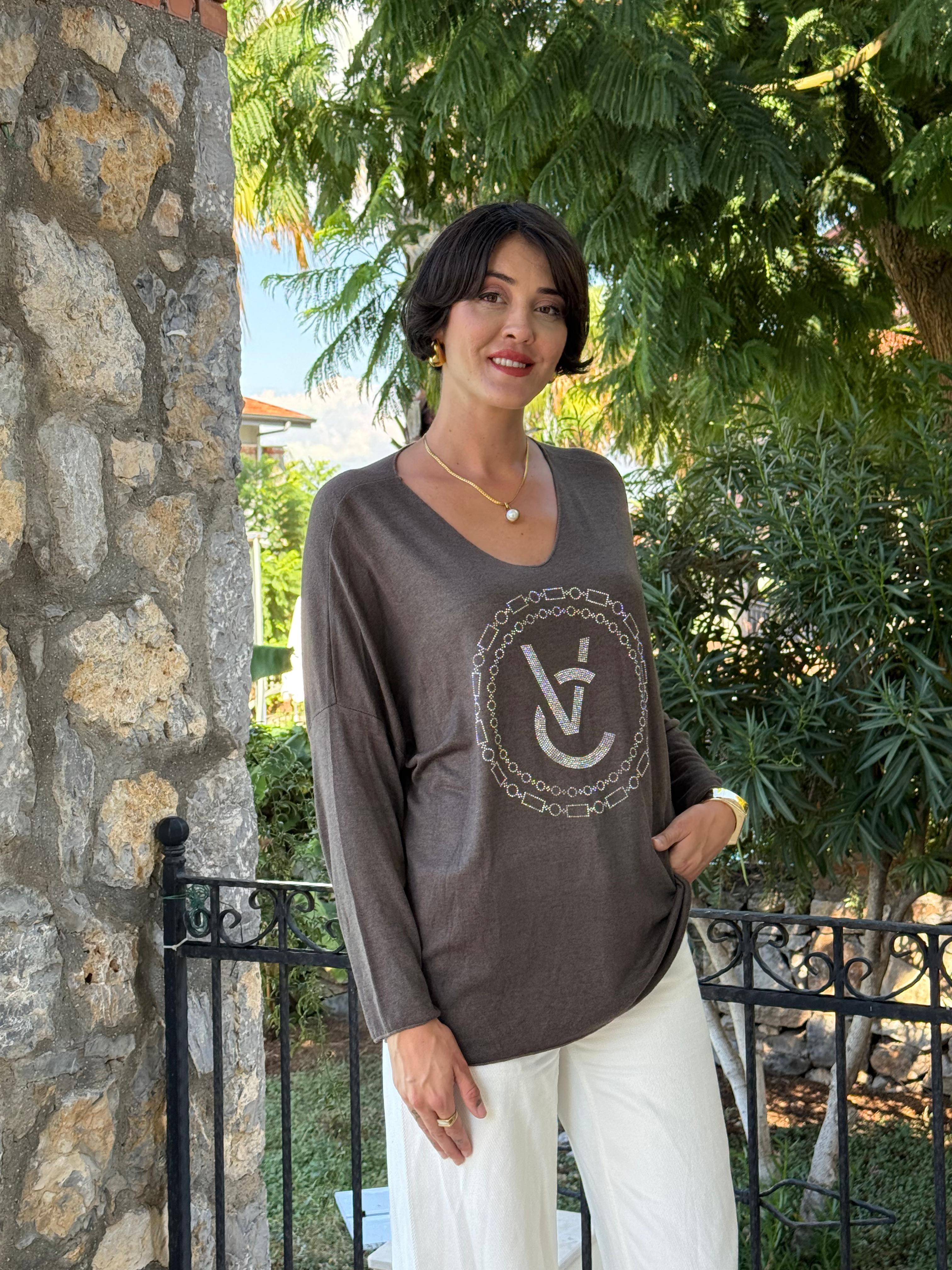 LS82681 İtalyan Taş Baskılı Triko Bluz Kahverengi