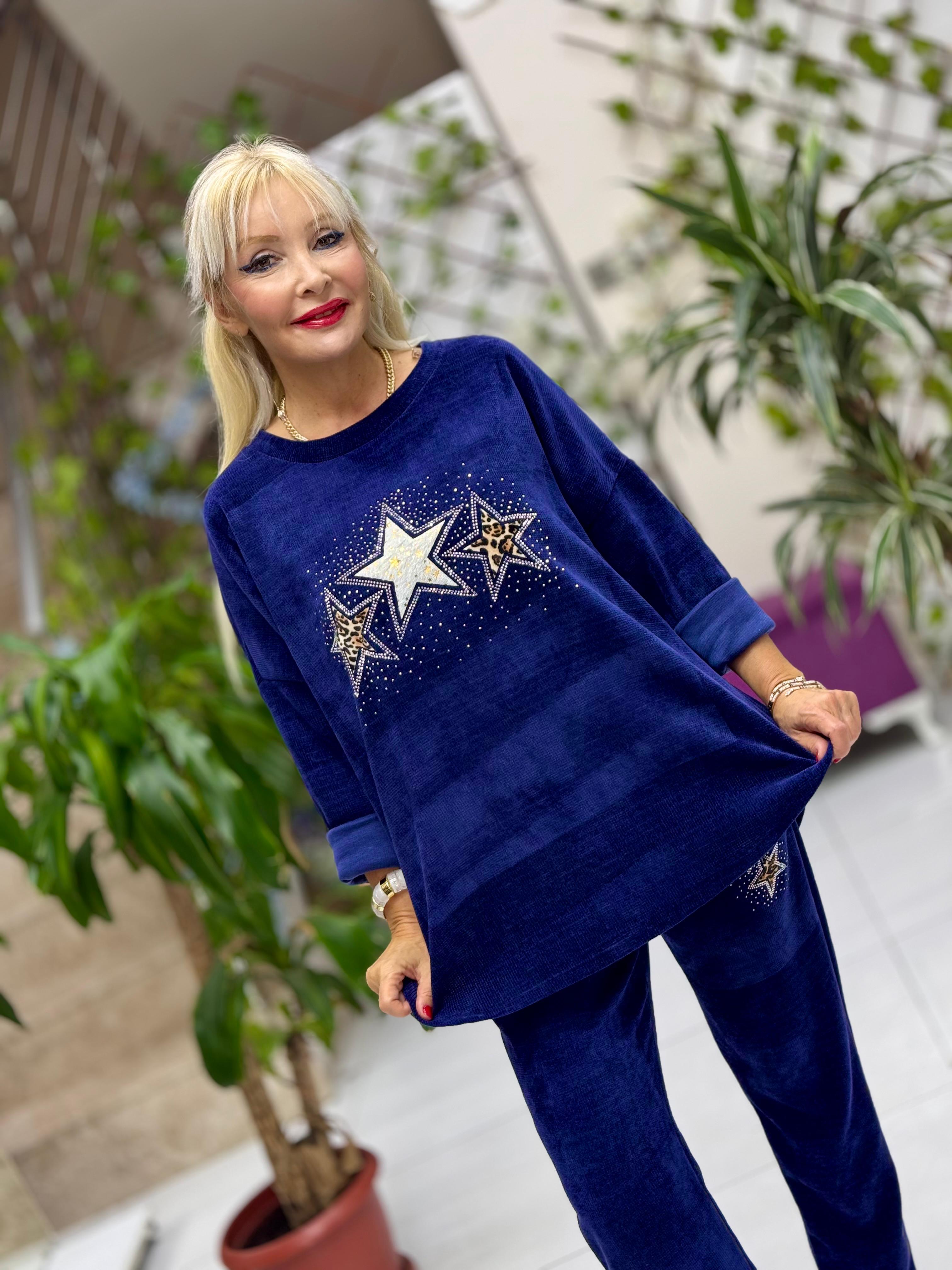 NC23081 Yıldız Desenli Taşlı İtalyan Kadife Takım Lacivert