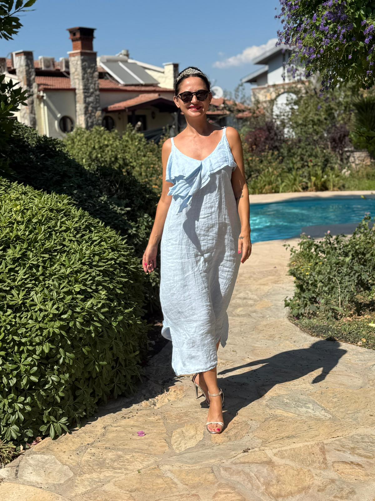 NC2132 İp Askılı Keten Önü Fırfırlı İtalyan Elbise Bebe Mavi