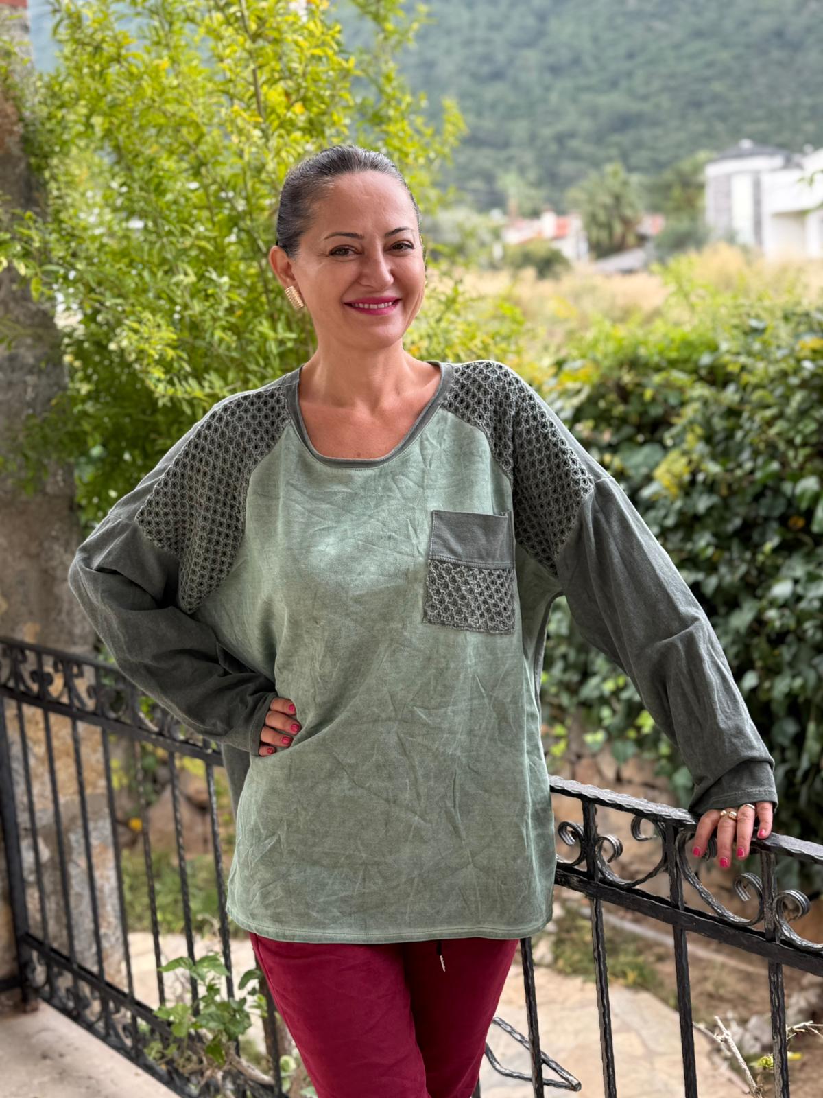 YG2098 Omuz Cep Dantelli Süet İtalyan Sweatshirt Yeşil