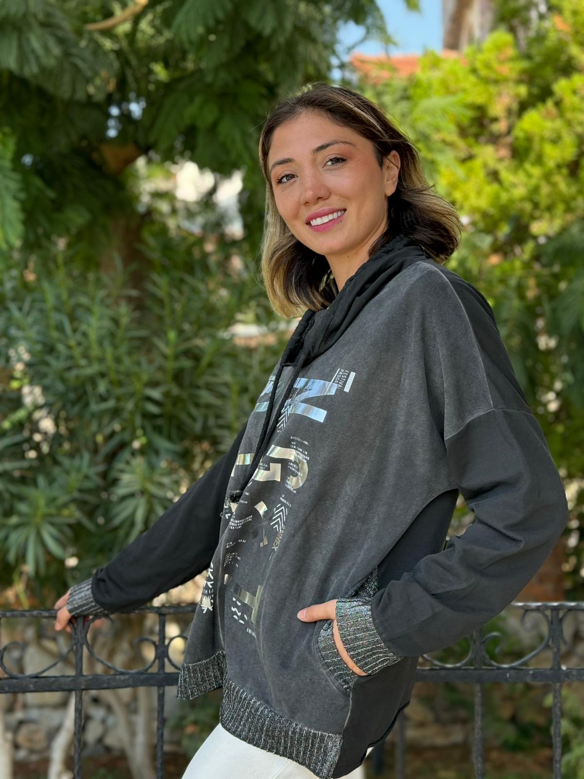 NC53050D İtalyan Yazı Baskılı Cepli Kapüşonlu Coton Sweatshirt Siyah