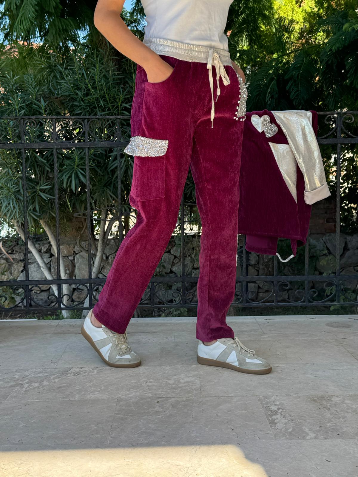 LS13220 İtalyan Cebi Taşlı Kadife Pantolon Vişne
