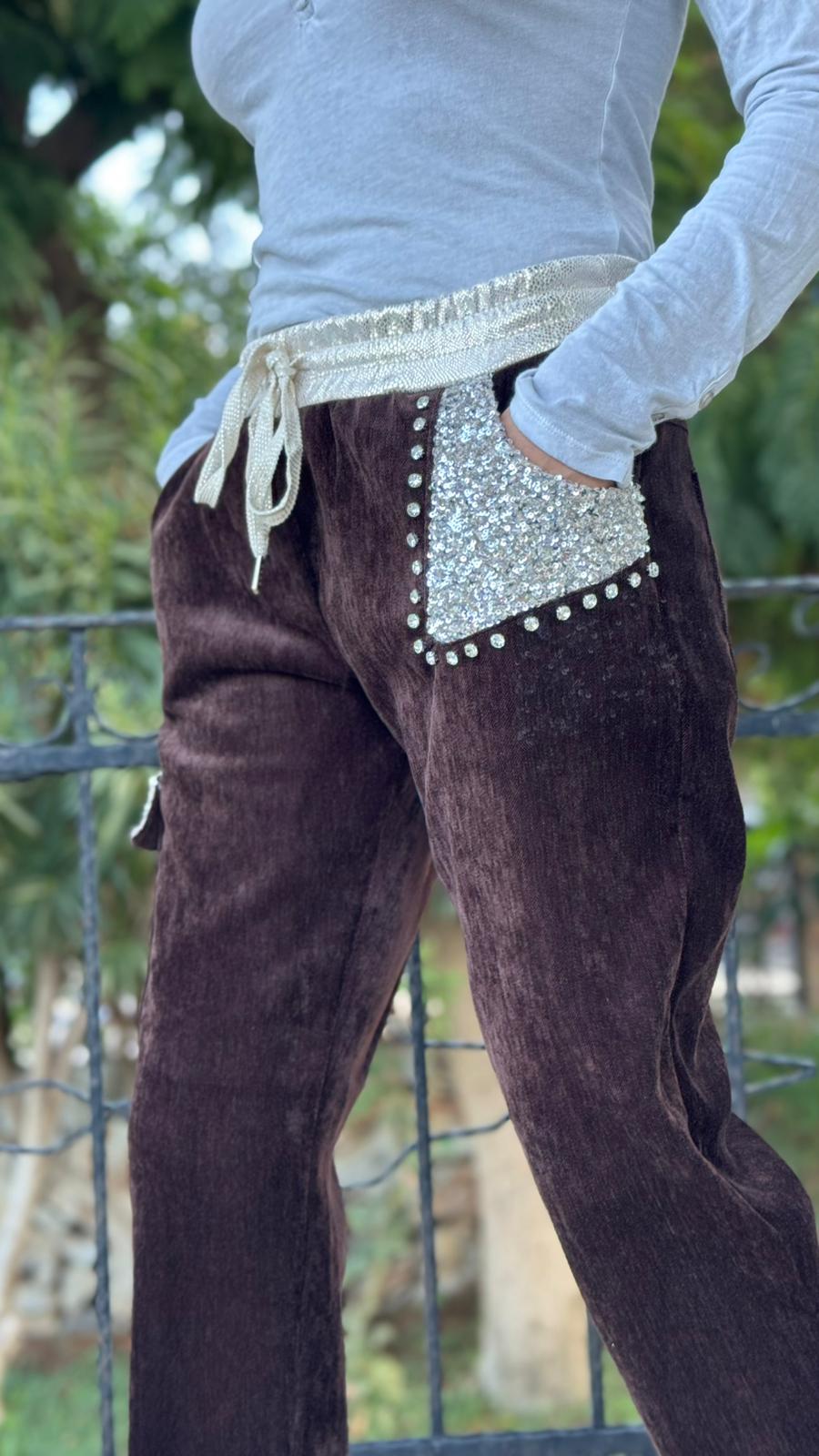 LS13220 İtalyan Cebi Taşlı Kadife Pantolon Kahve