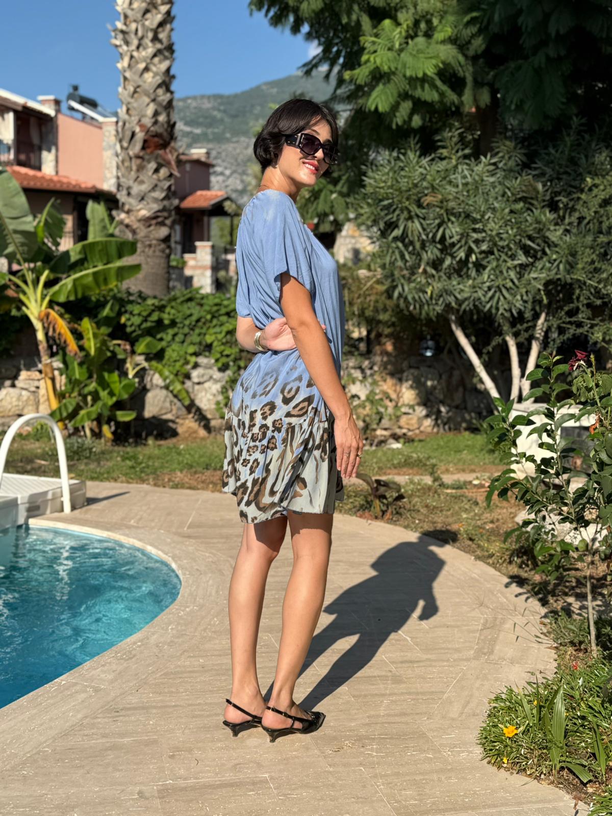 NC10526 İtalyan Yaka Lastikli Leoparlı Coton Elbise Mavi