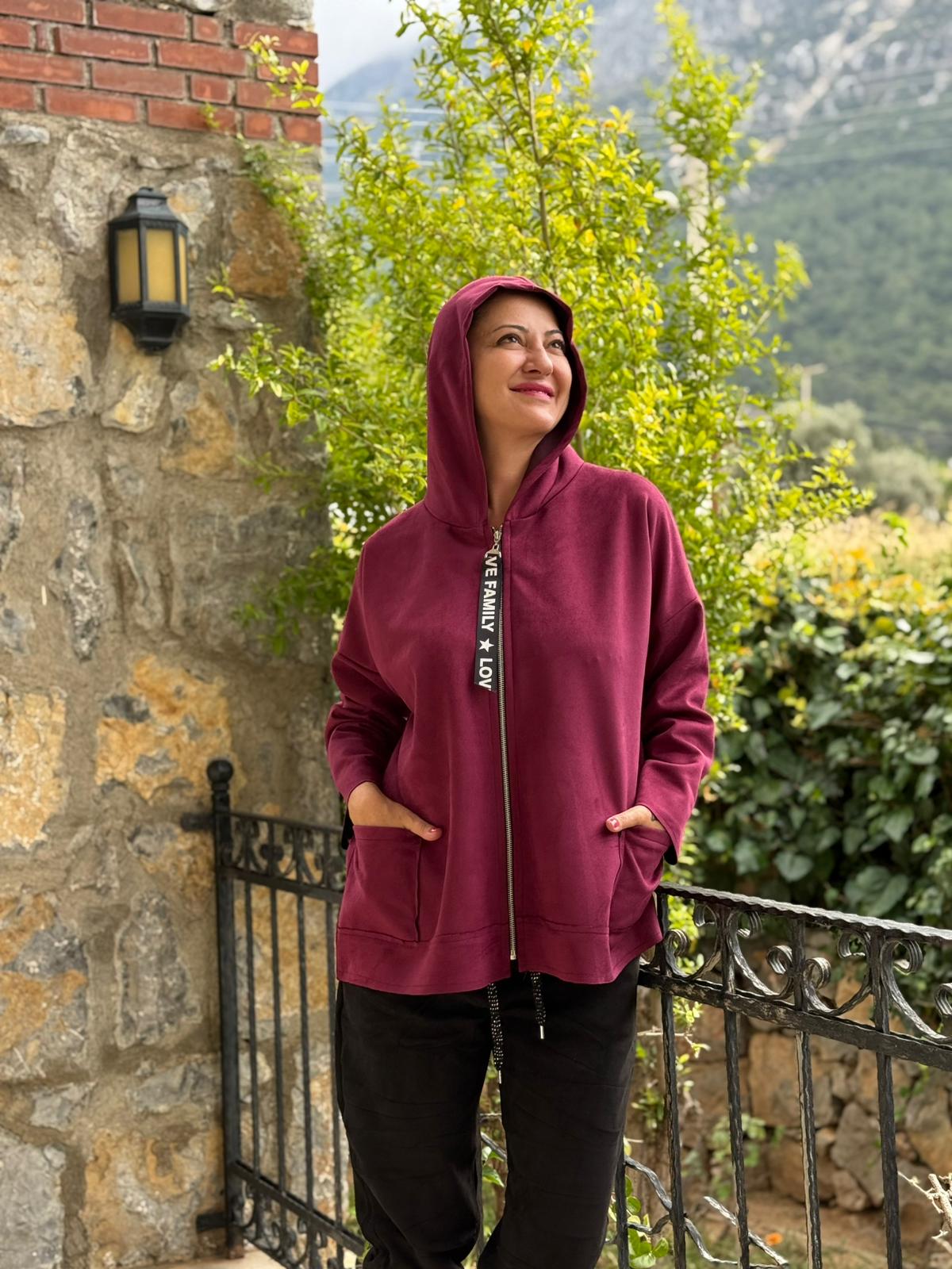 YG12477 Kapişonlu Süet İtalyan Ceket Vişne