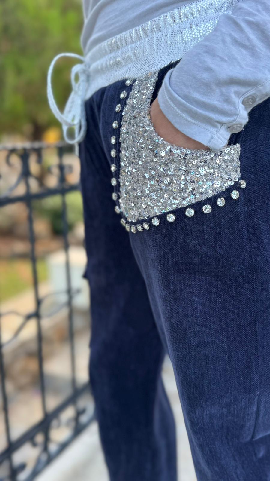 LS13220 İtalyan Cebi Taşlı Kadife Pantolon Lacivert