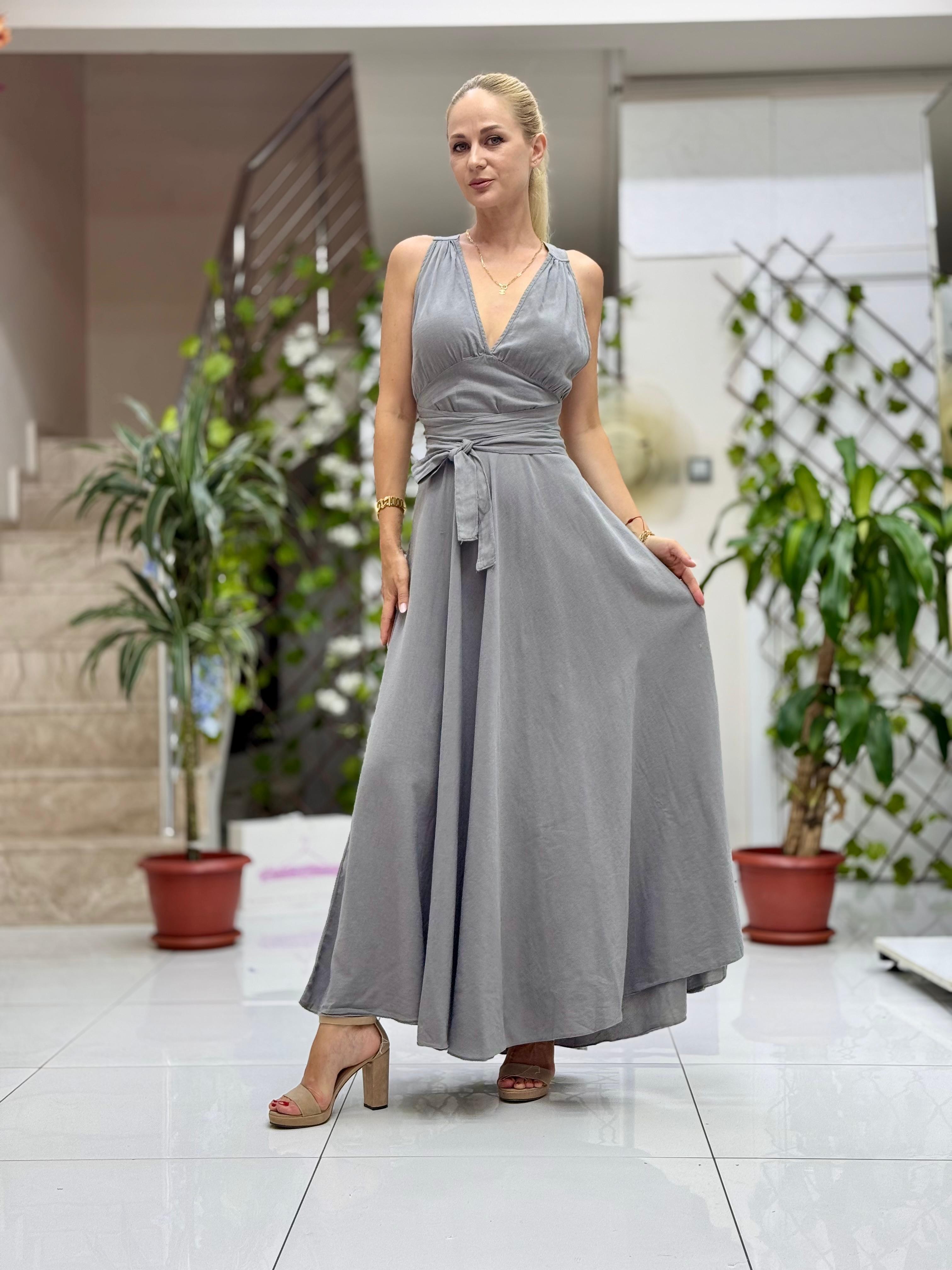 PT25071 Omuz Bağlamalı Belden Kuşaklı Sırtı Açık Coton Elbise Gri