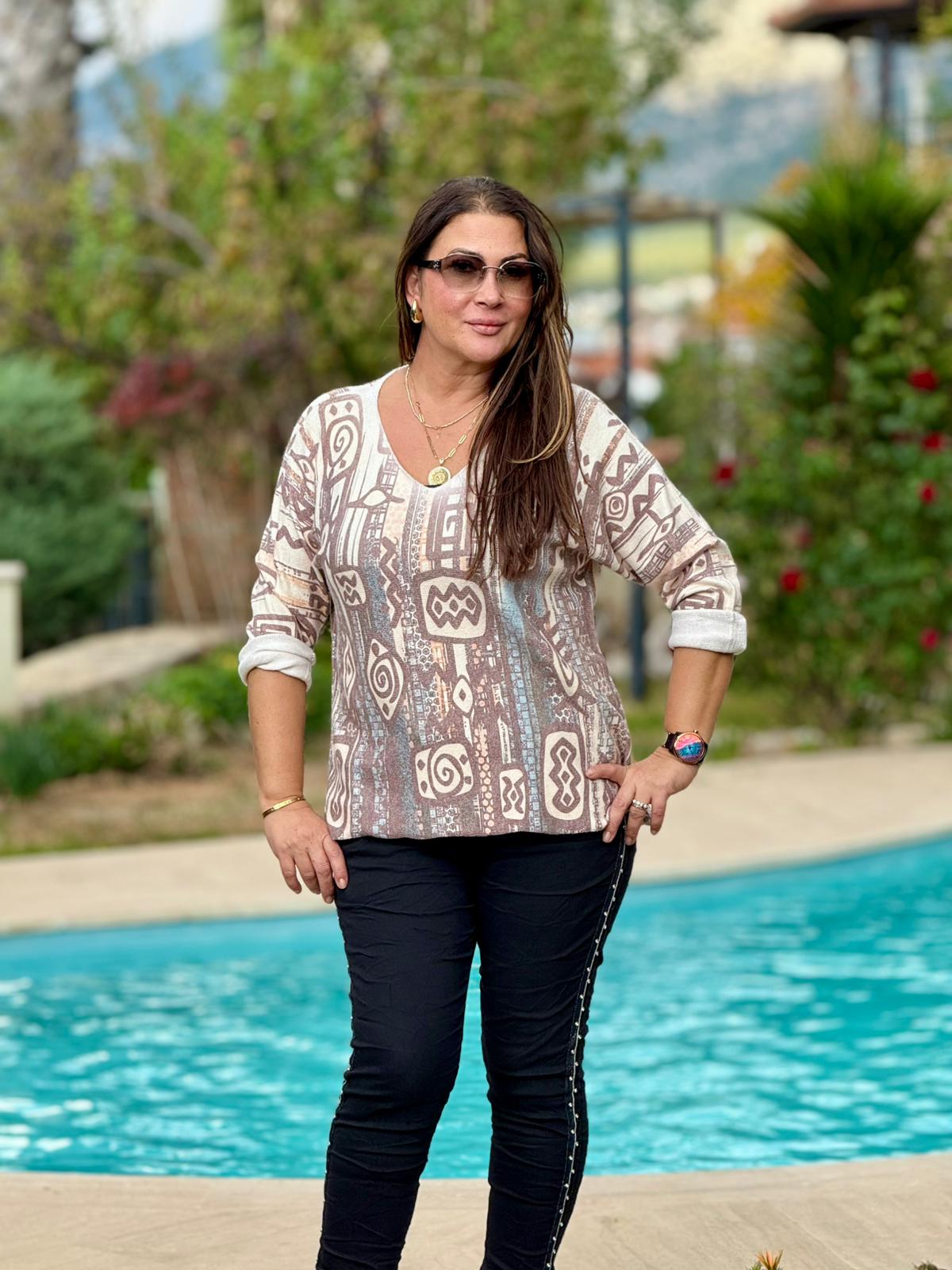 YG90664 Merserize V Yaka Baskılı İtalyan Bluz Kahve