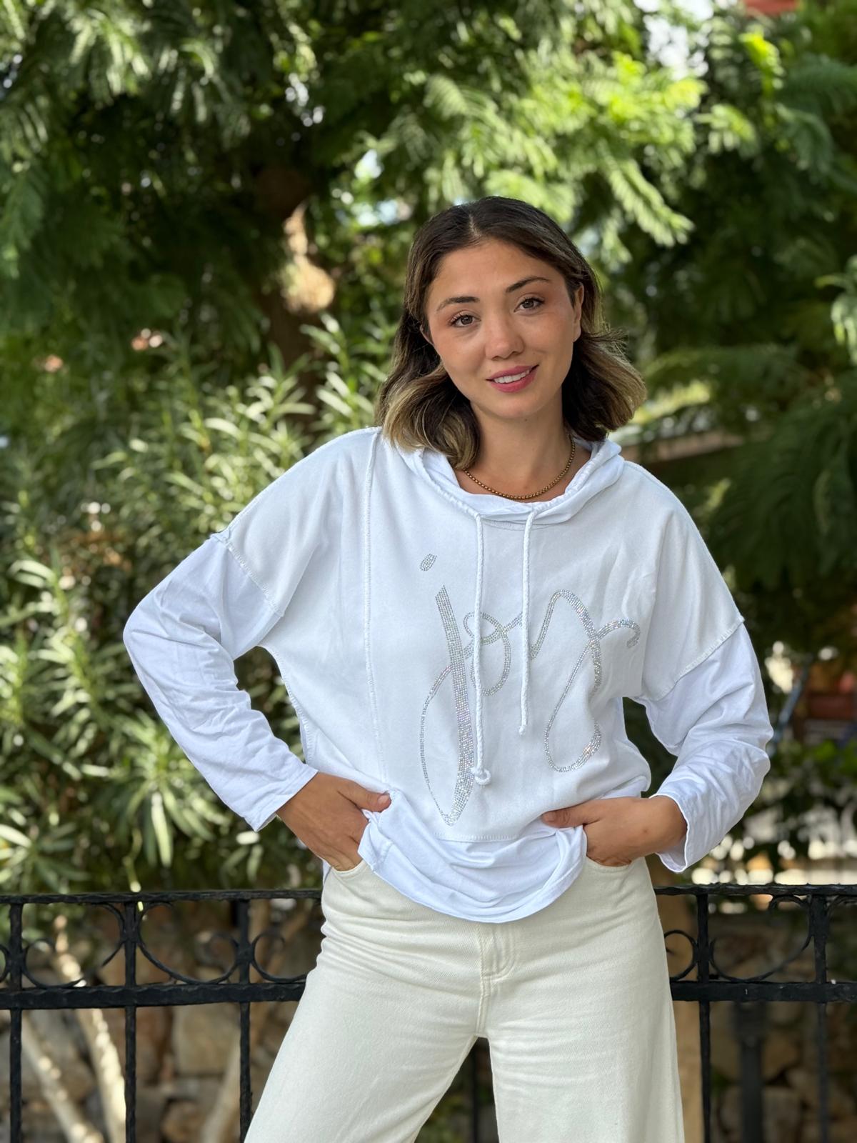 NC8533C İtalyan Joy Taşlı Kapüşonlu Coton Sweatshirt Beyaz
