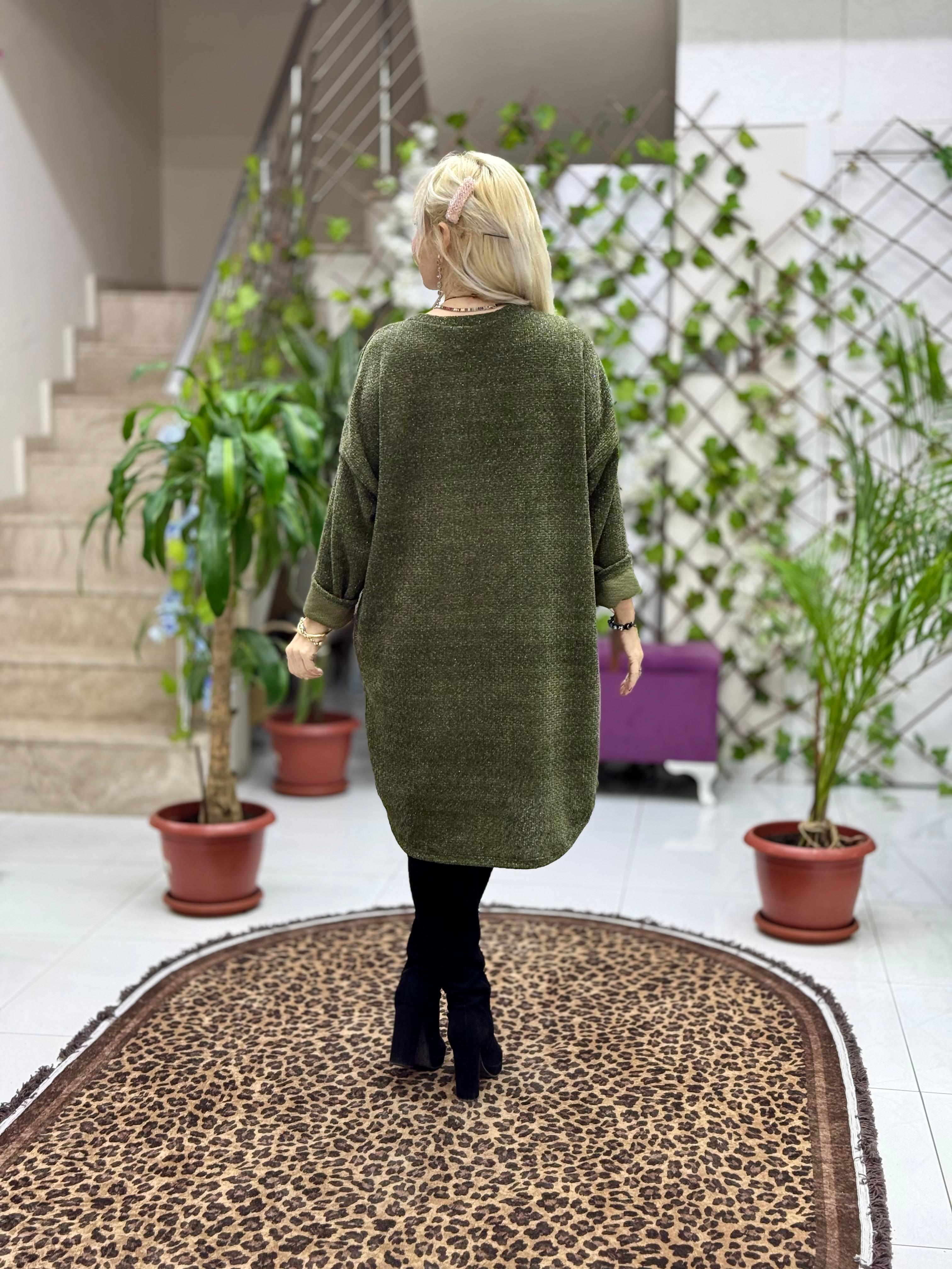 NC25158 Simit Yaka Kolyeli Simli İtalyan Kadife Elbise Haki