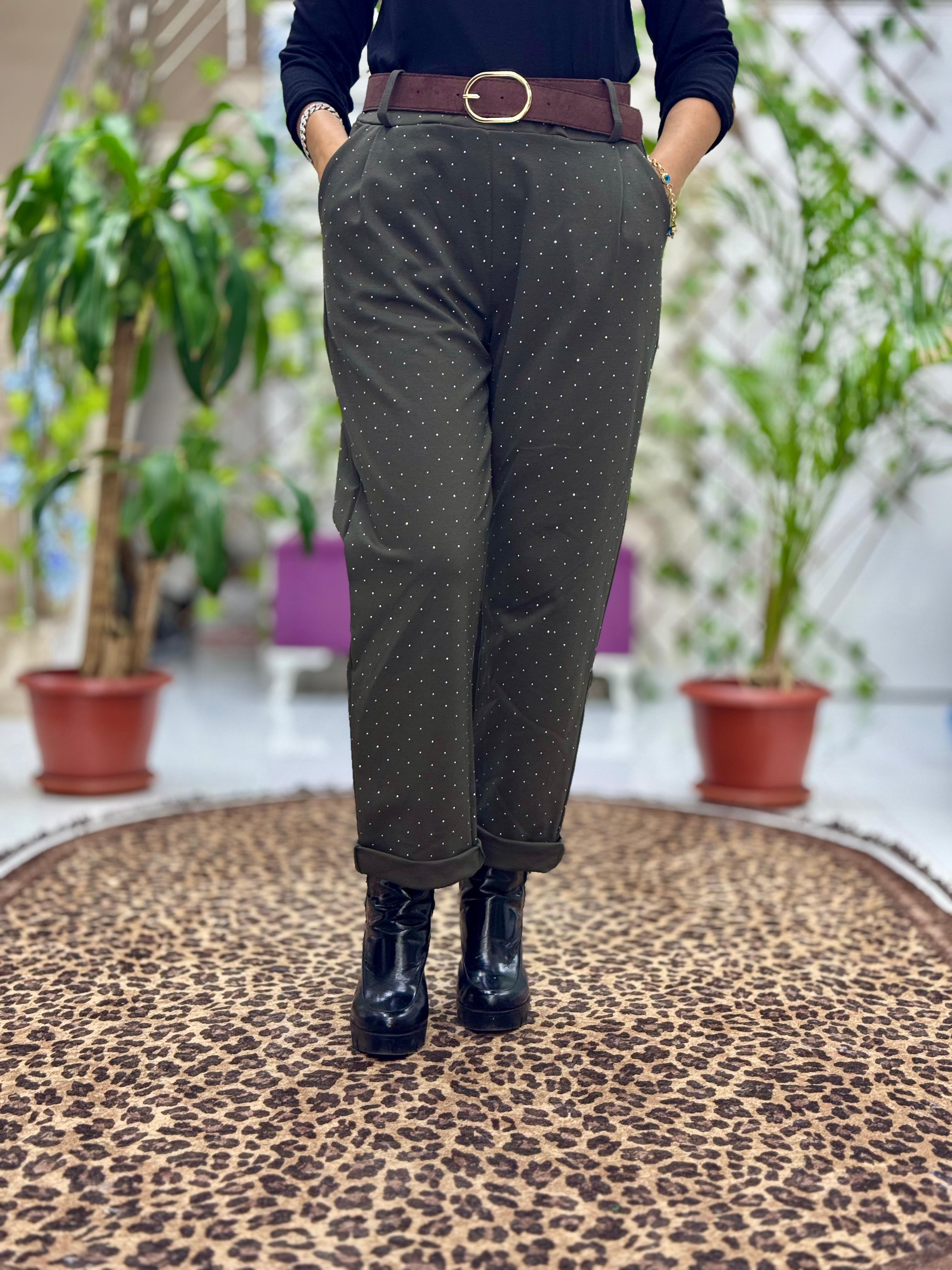 NC10192 Taşlı İtalyan Coton Pantolon Haki