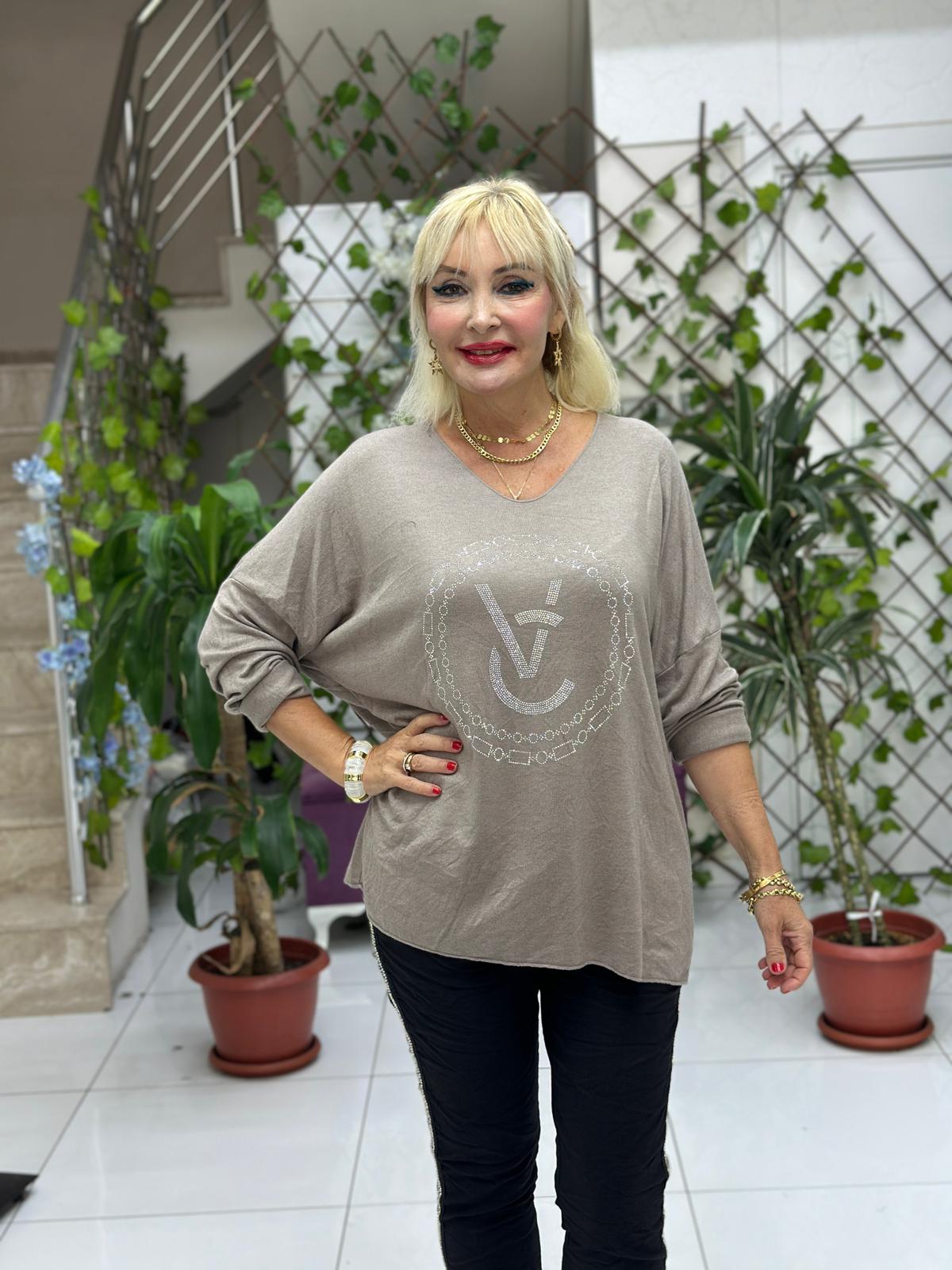 LS82681 İtalyan Taş Baskılı Triko Bluz Vizon