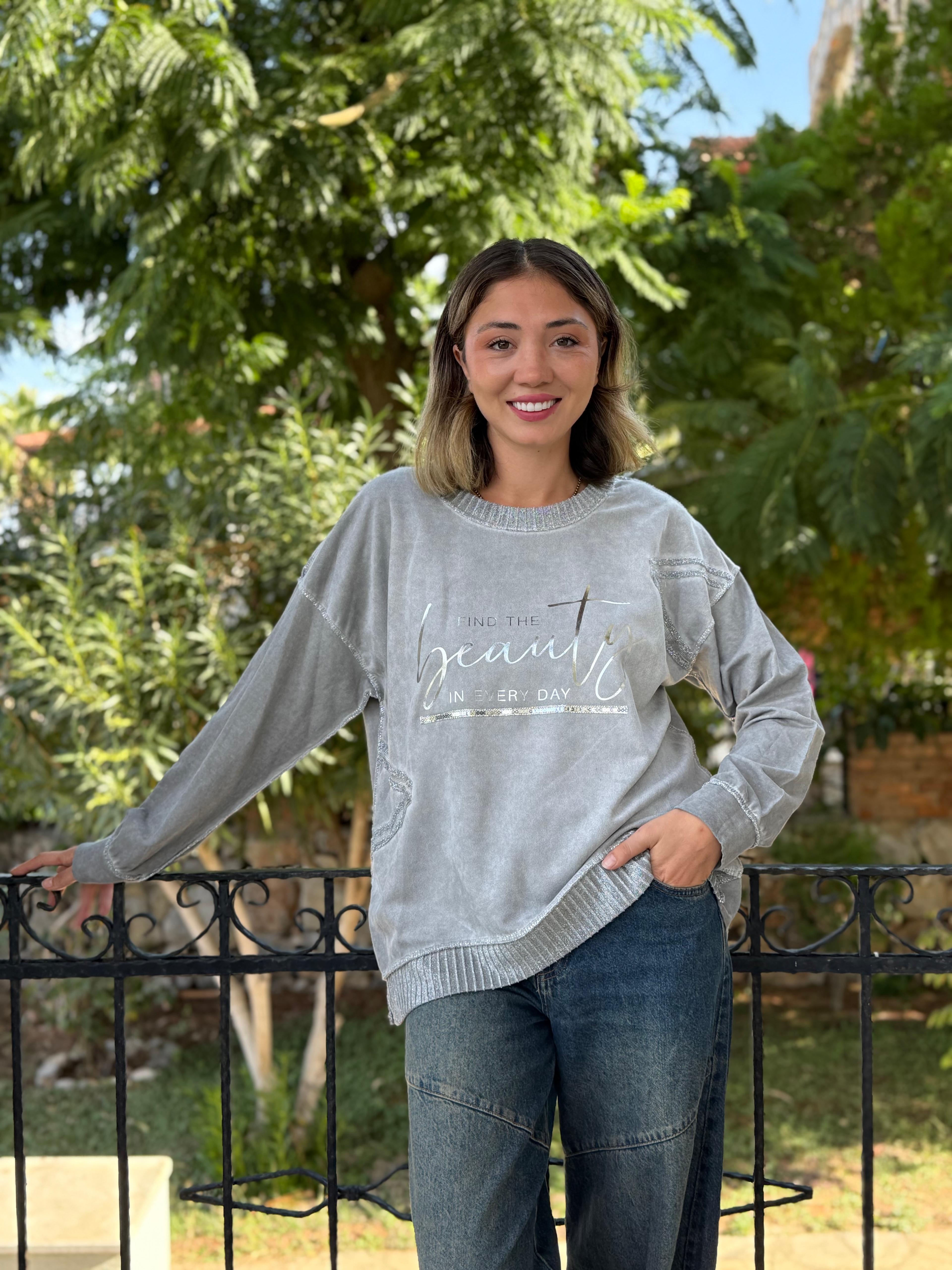NC50793 İtalyan Beauty Yazılı Coton Sweatshirt Gri