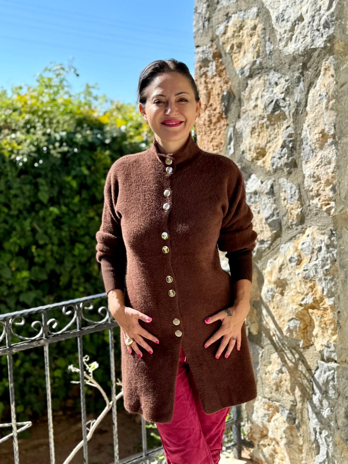 NC4079 Boydan Düğmeli Yün Kısa Hırka Kahverengi