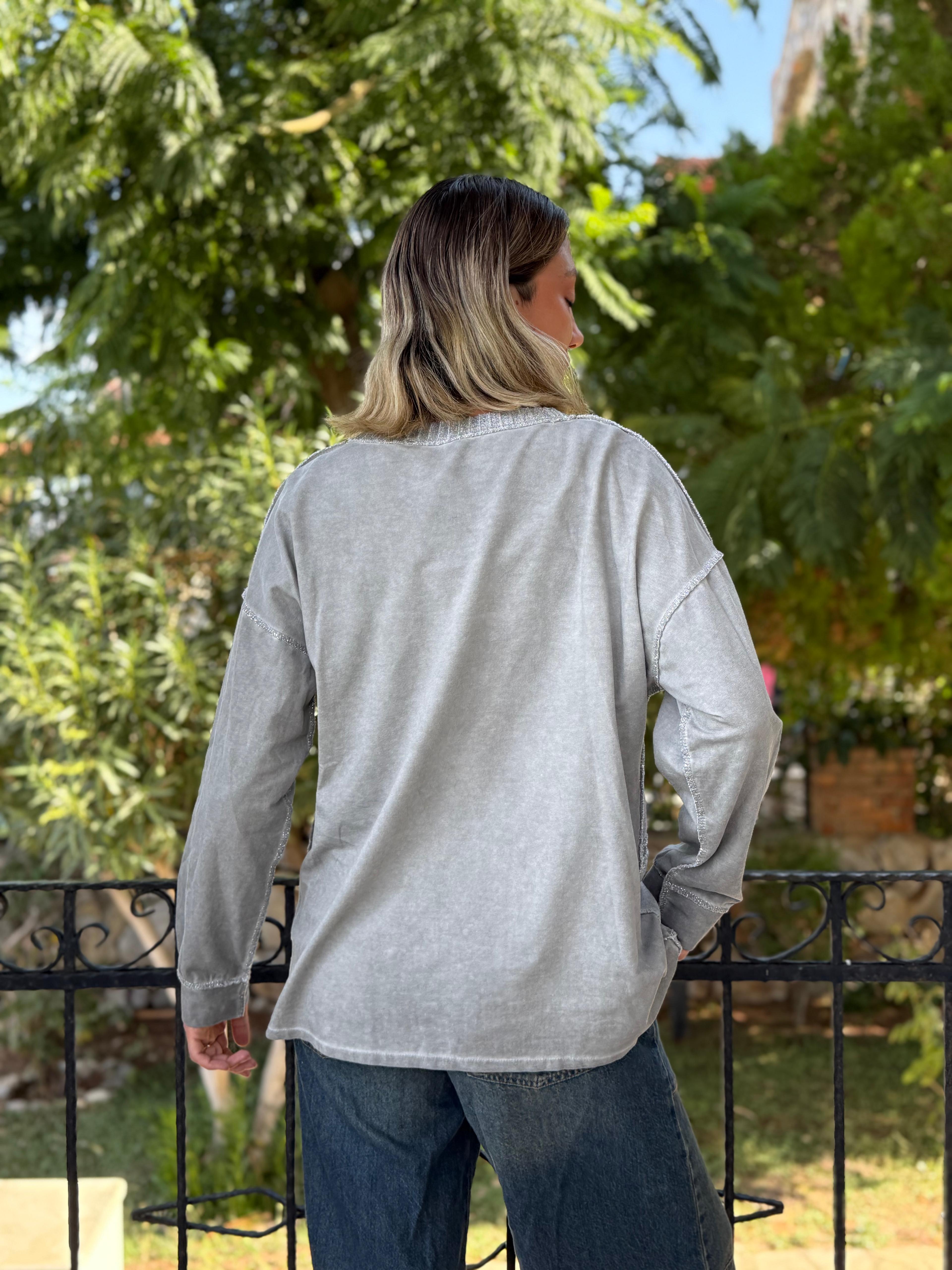 NC50793 İtalyan Beauty Yazılı Coton Sweatshirt Gri