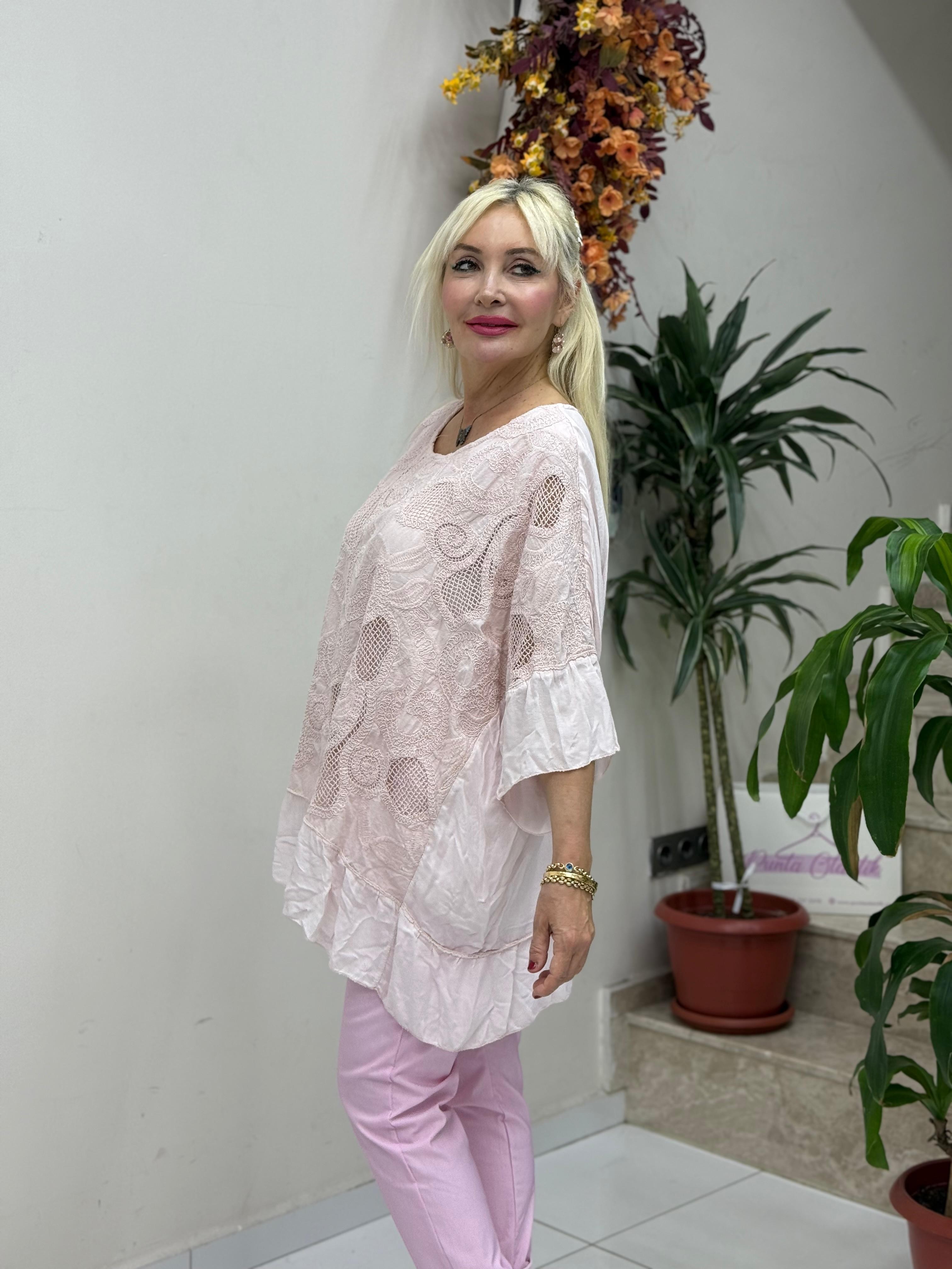 YG6221 İtalyan File Detay Coton Bluz Pudra