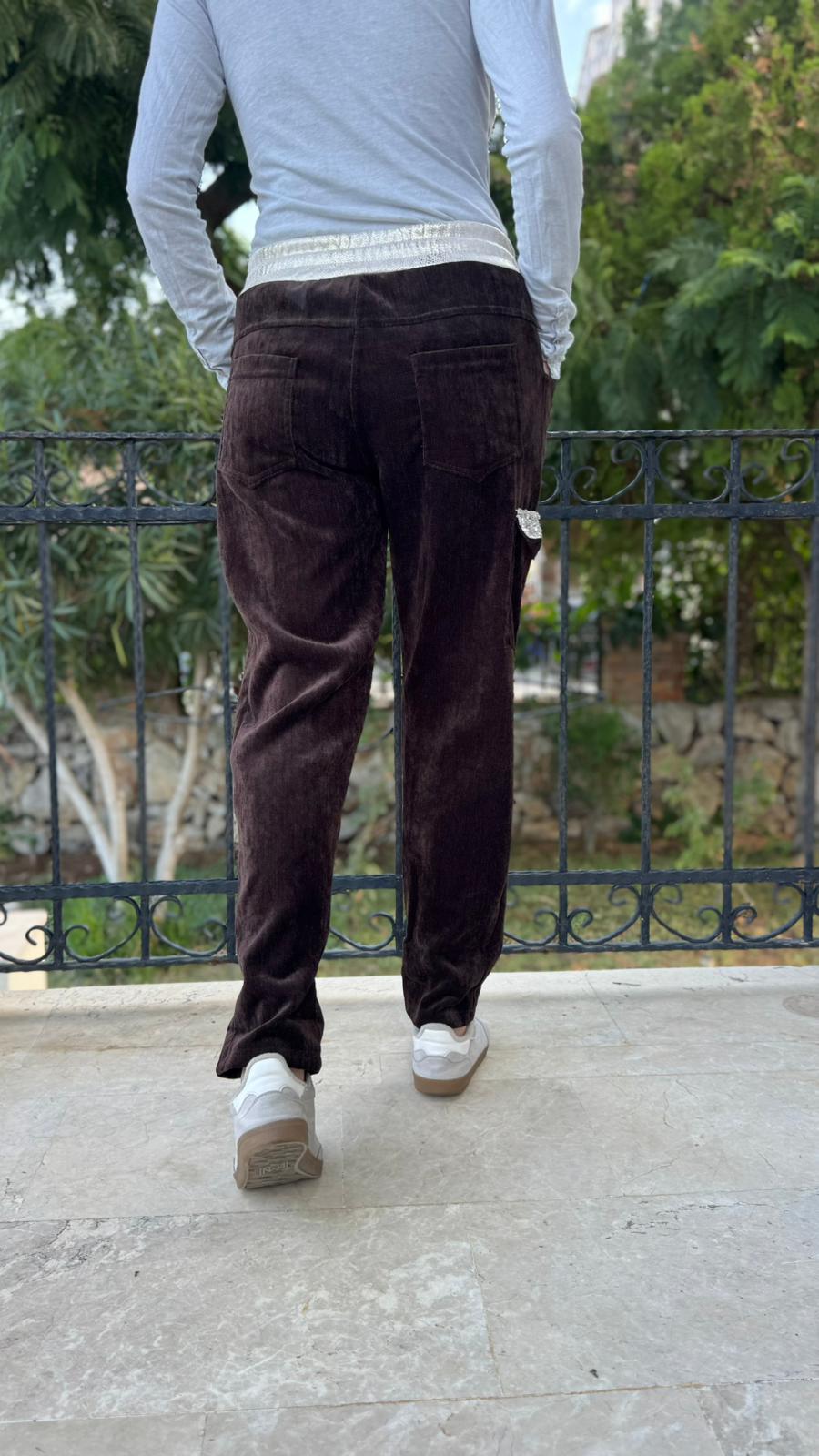 LS13220 İtalyan Cebi Taşlı Kadife Pantolon Kahve