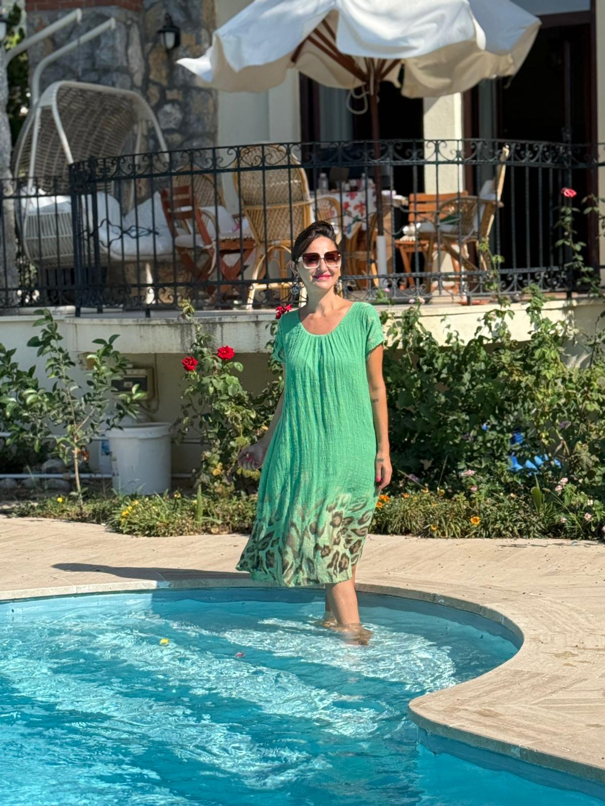 NC50848 İtalyan Pamuk Keten Astarlı Elbise Yeşil