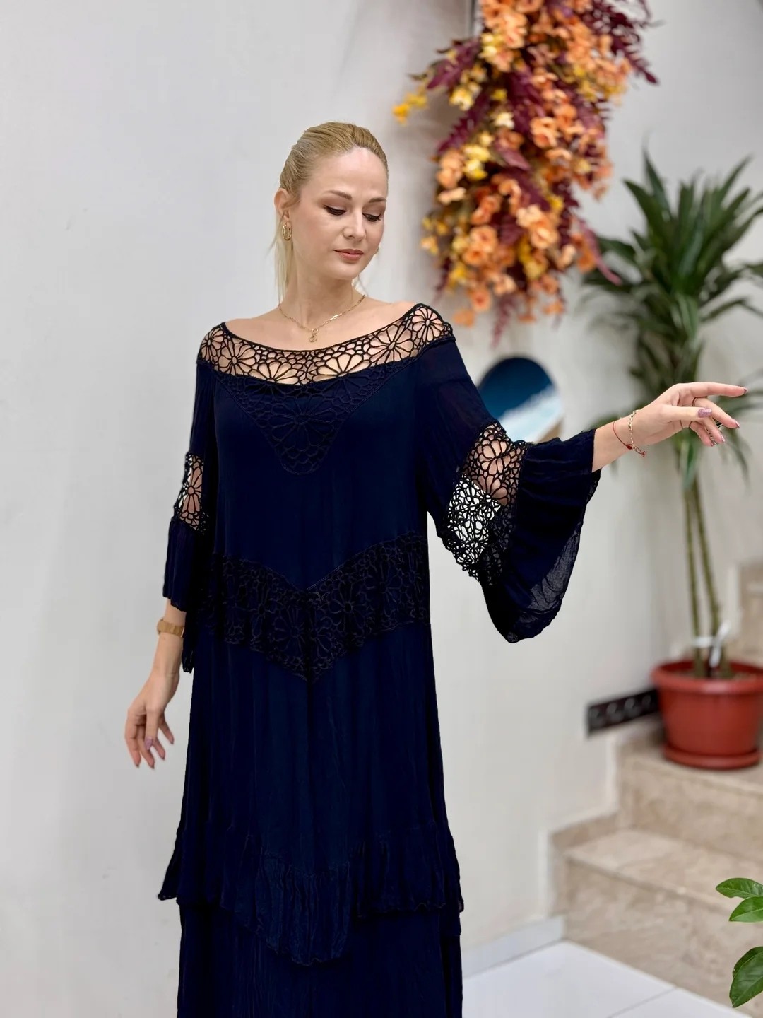 M1208 Vestido Voile Detalle Cuello Turquesa