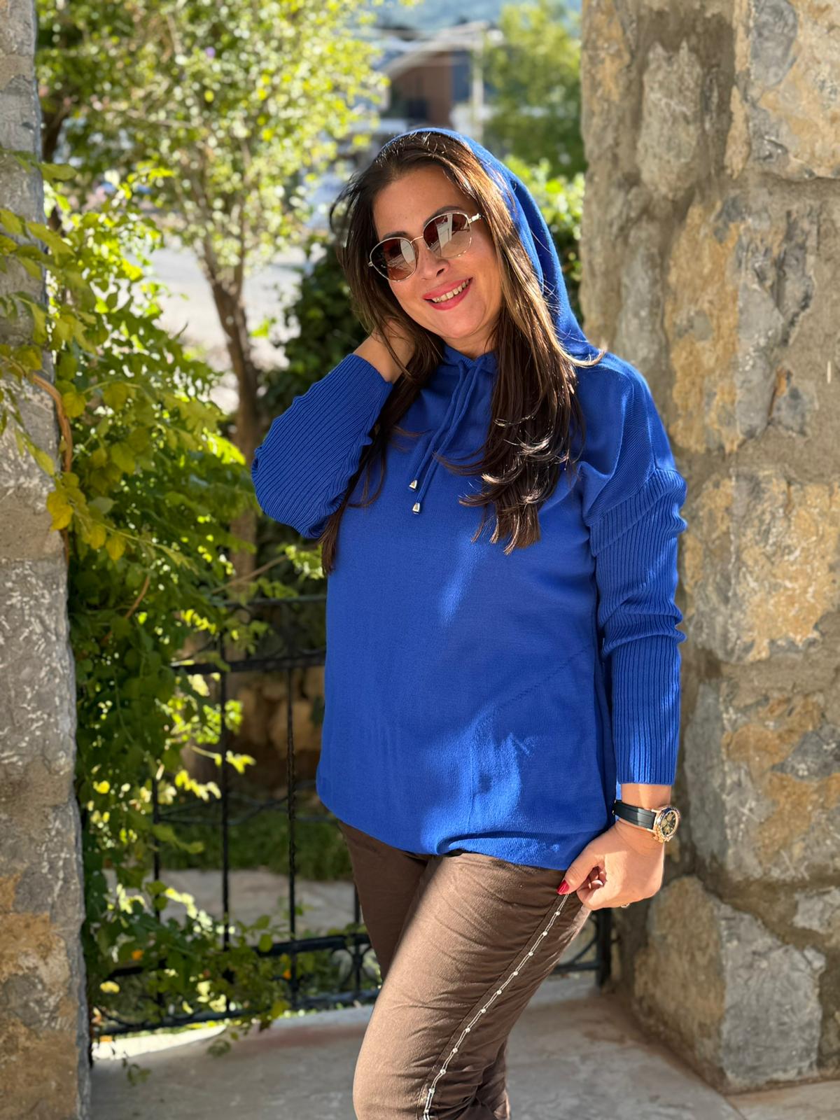 MT3096 Kapüşonlu Cepli Triko Sweatshirt Saks