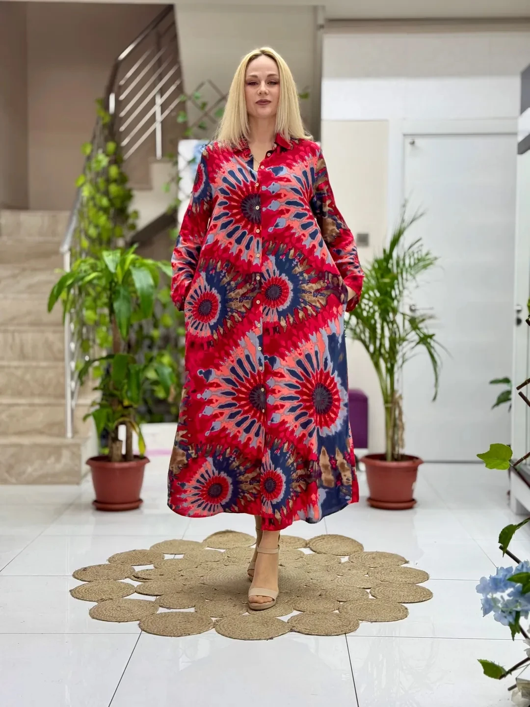 SLN31101 Pamuk Viskon Boydan Düğmeli Uzun Selin Elbise