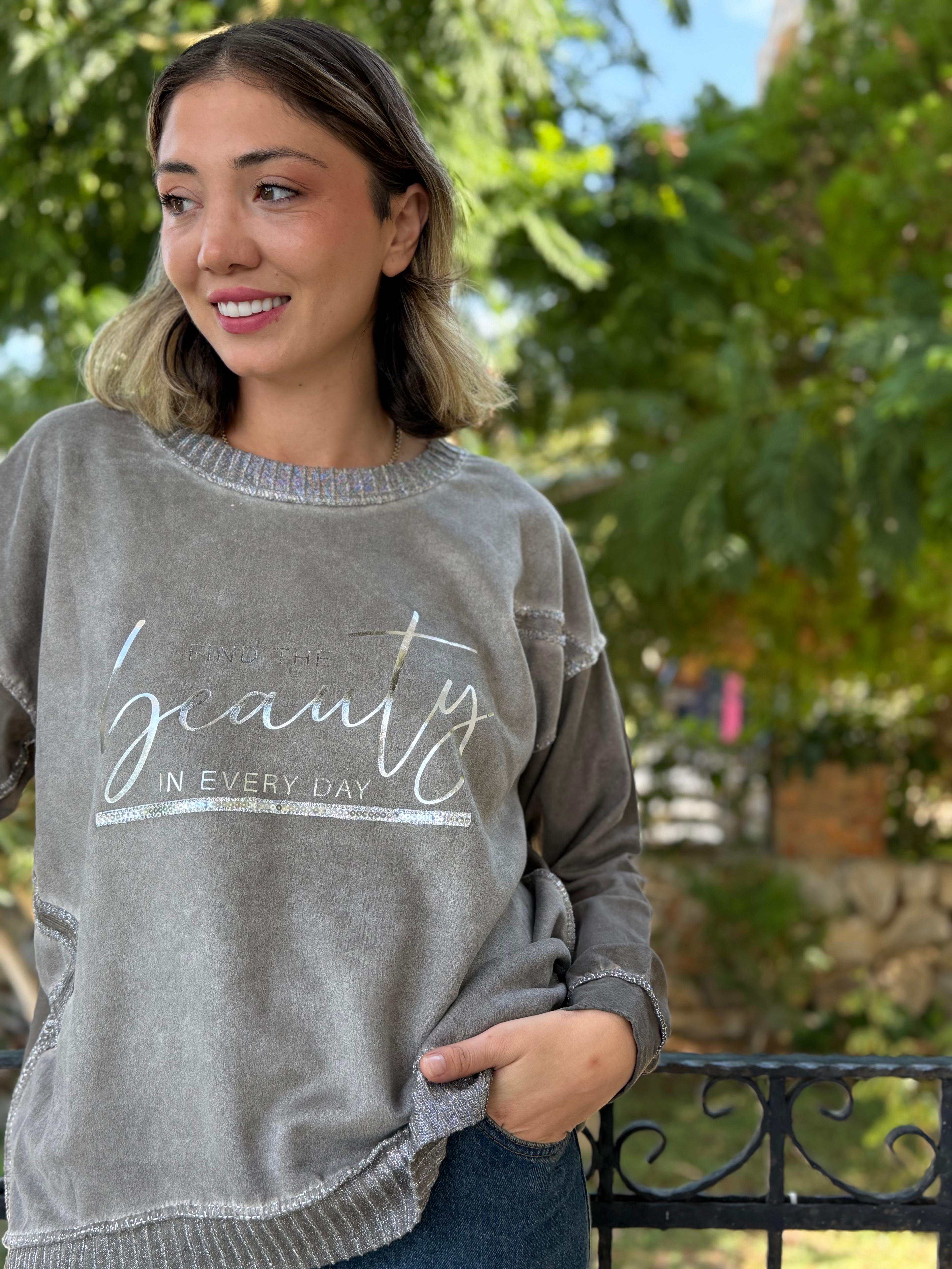 NC50793 İtalyan Beauty Yazılı Coton Sweatshirt Vizon