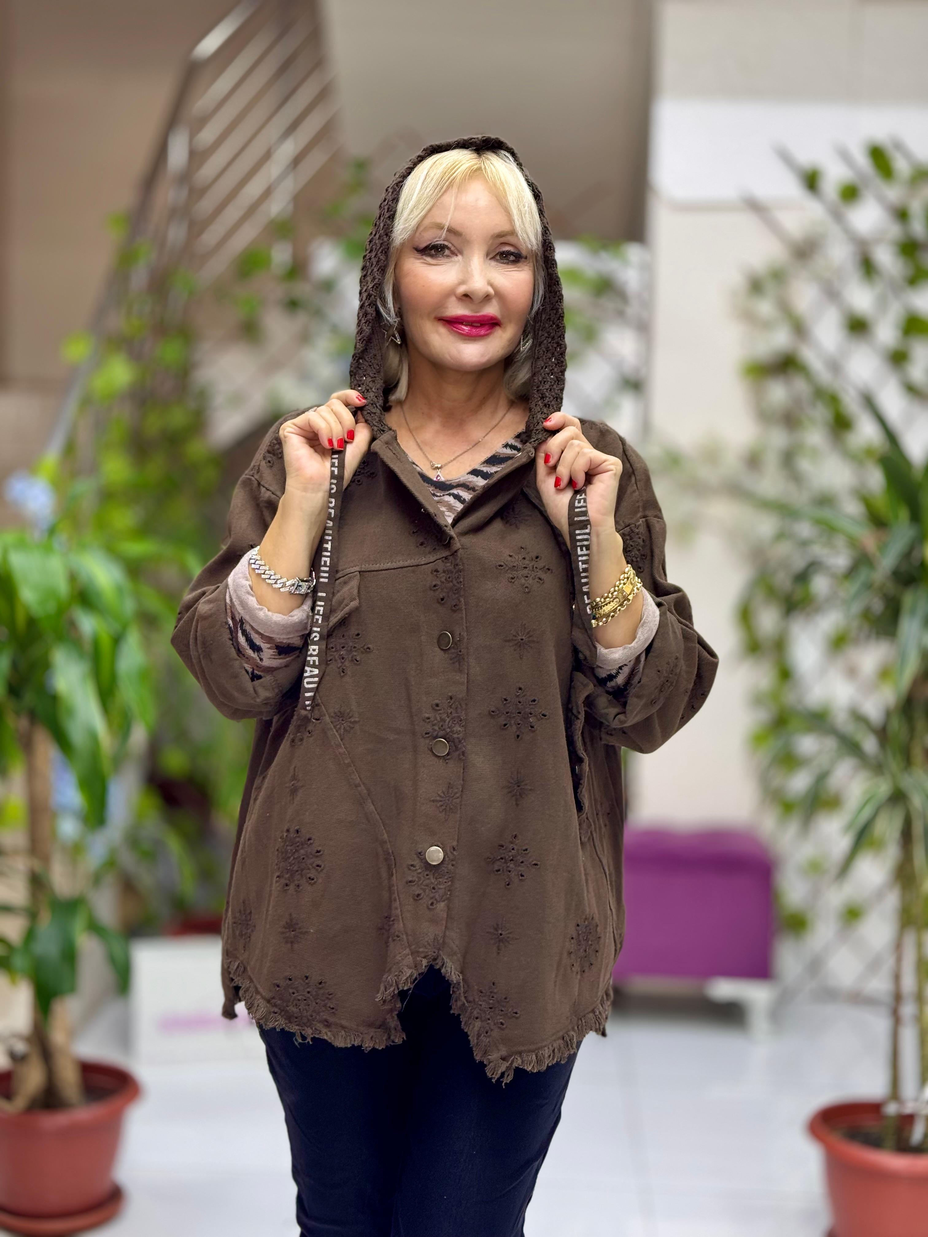 YG25068 Kapişonlu Güpürlü Düğmeli İtalyan Kot Ceket Kahverengi