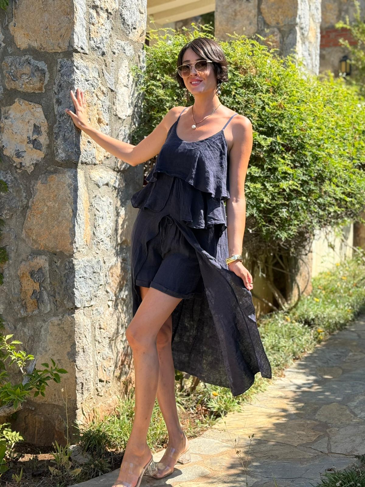 NC13179 İtalyan Keten Şortlu Takım Siyah