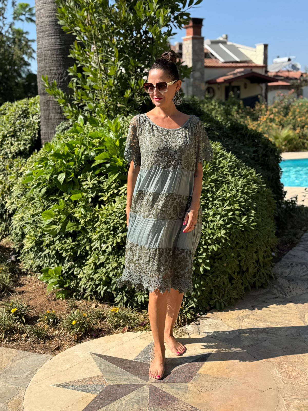 NCC10337 İtalyan İpek Elbise Haki