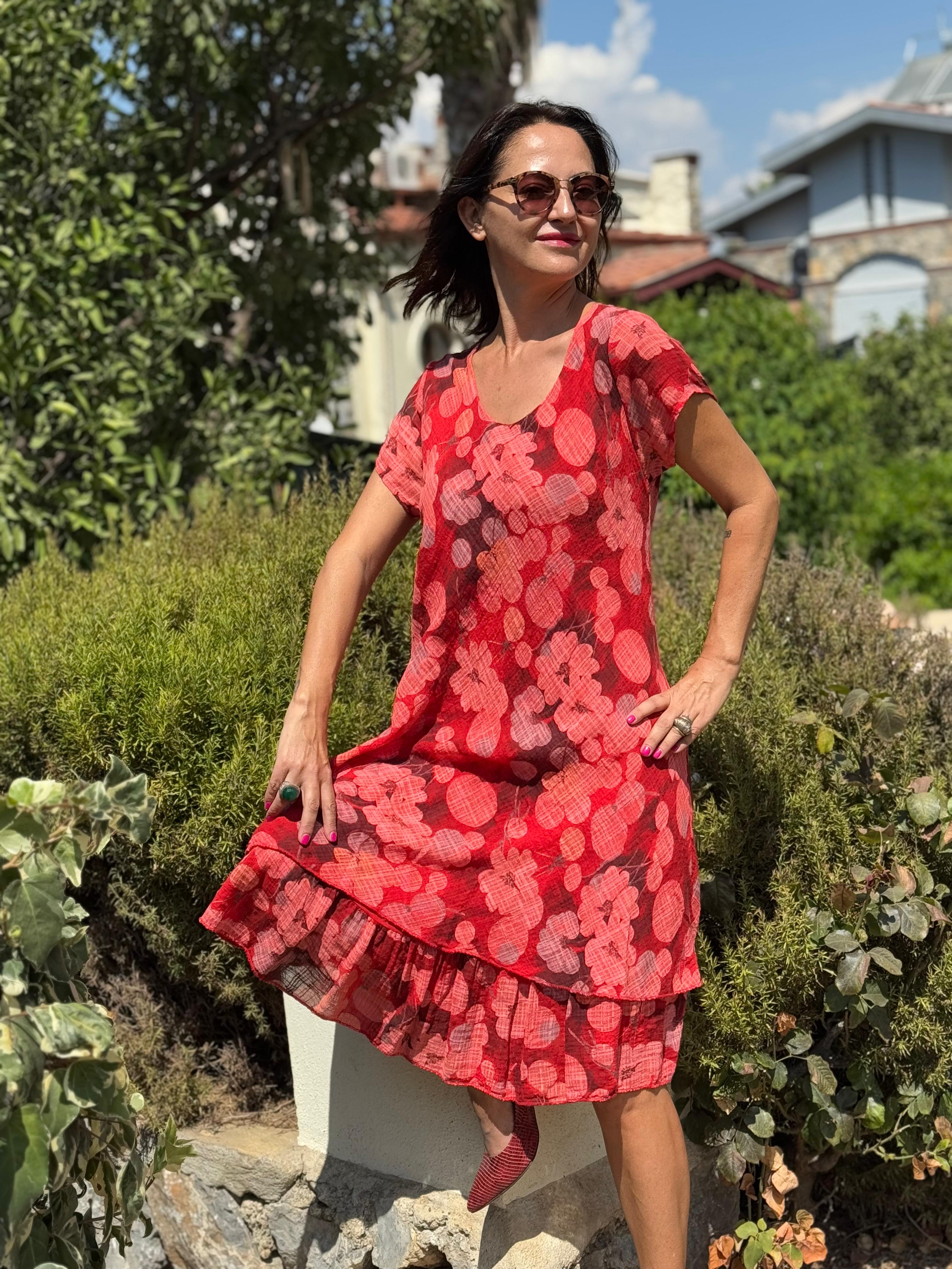 NC50181 İtalyan Kısa Kol Pamuk Keten Elbise Kırmızı