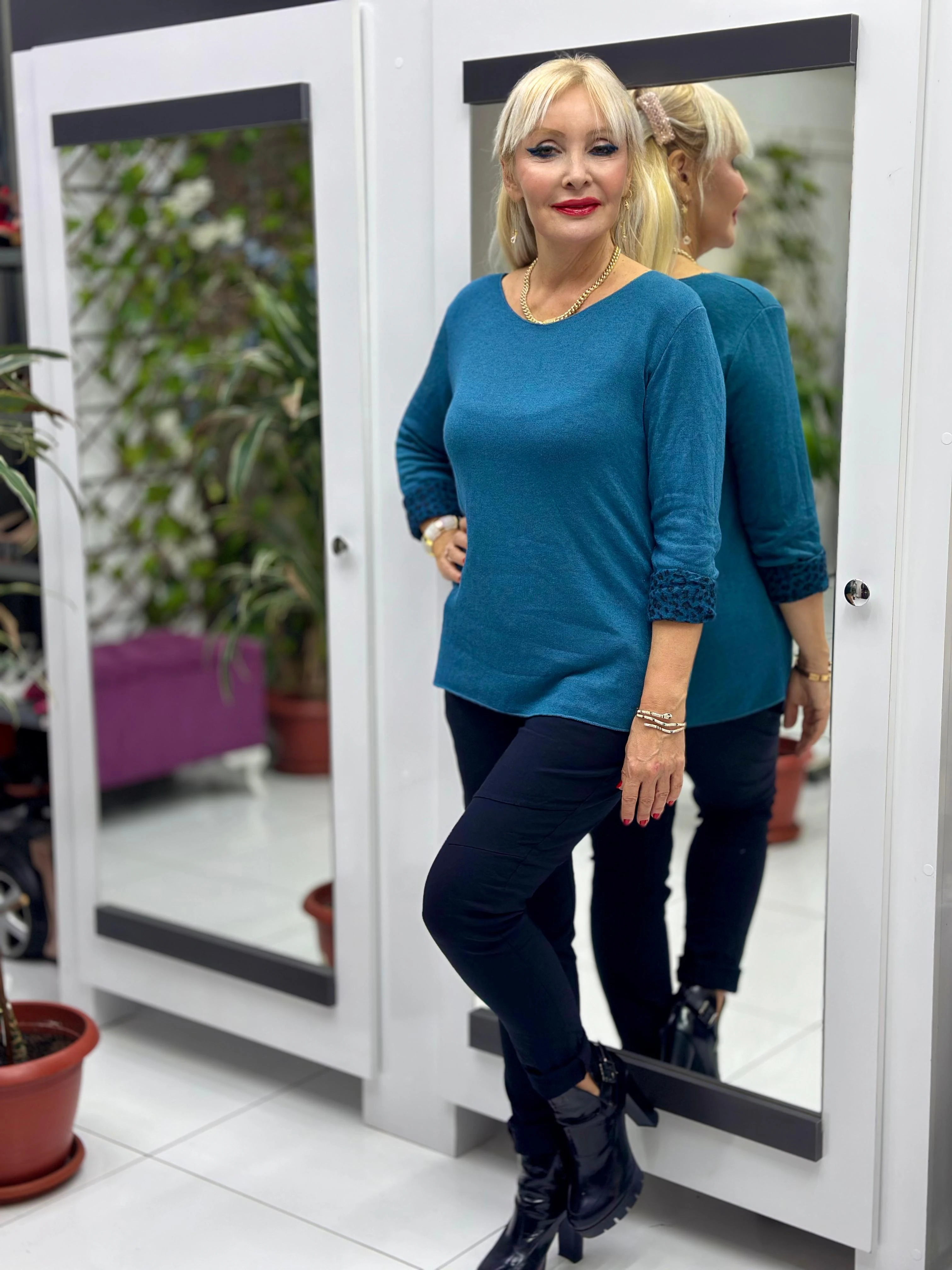 NC1202 İçi Leoparlı Yuvarlak Yaka Triko Küçük Beden Bluz Petrol