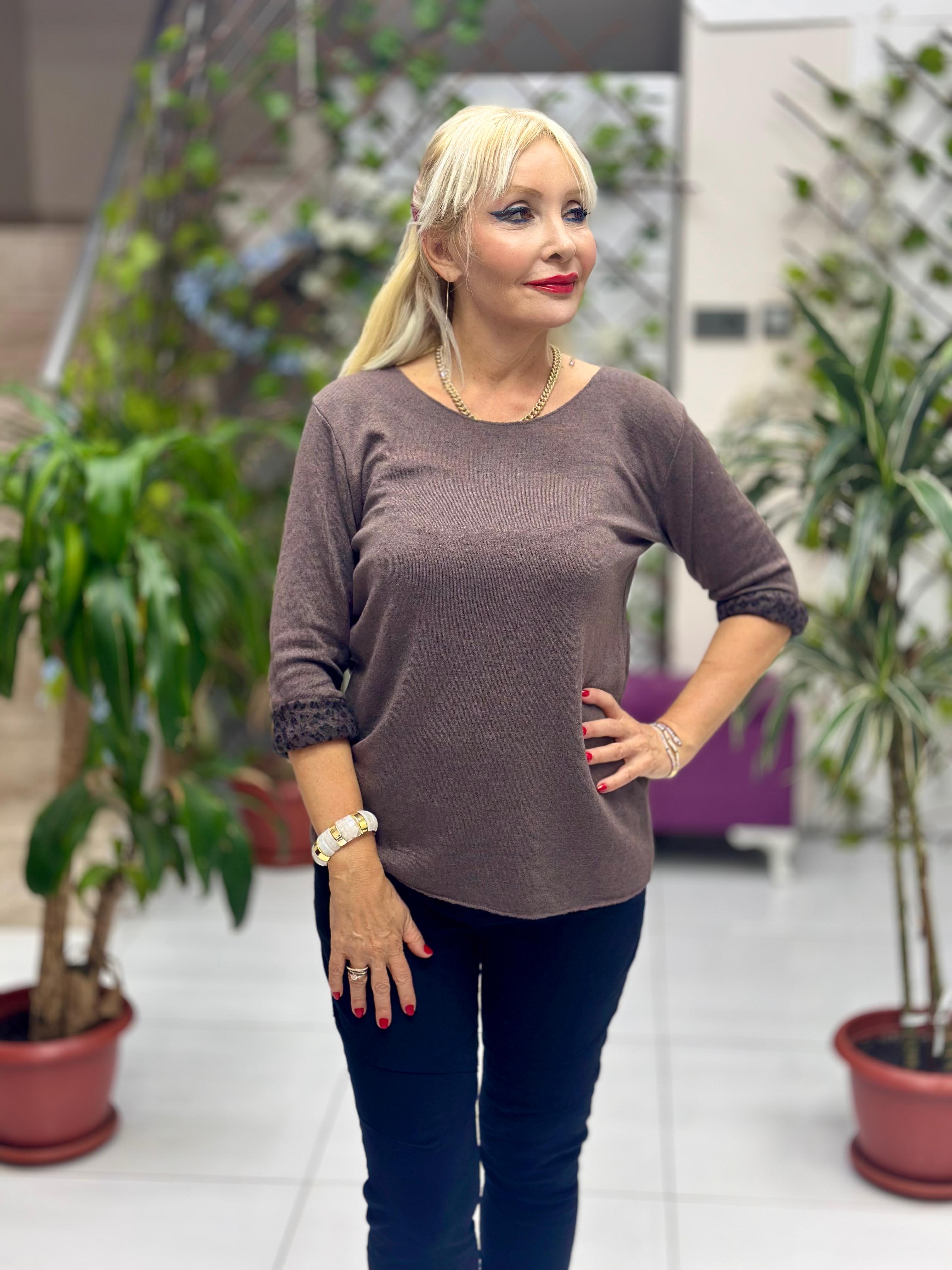 NC1202 İçi Leoparlı Yuvarlak Yaka Triko Küçük Kalıp Bluz Kahverengi