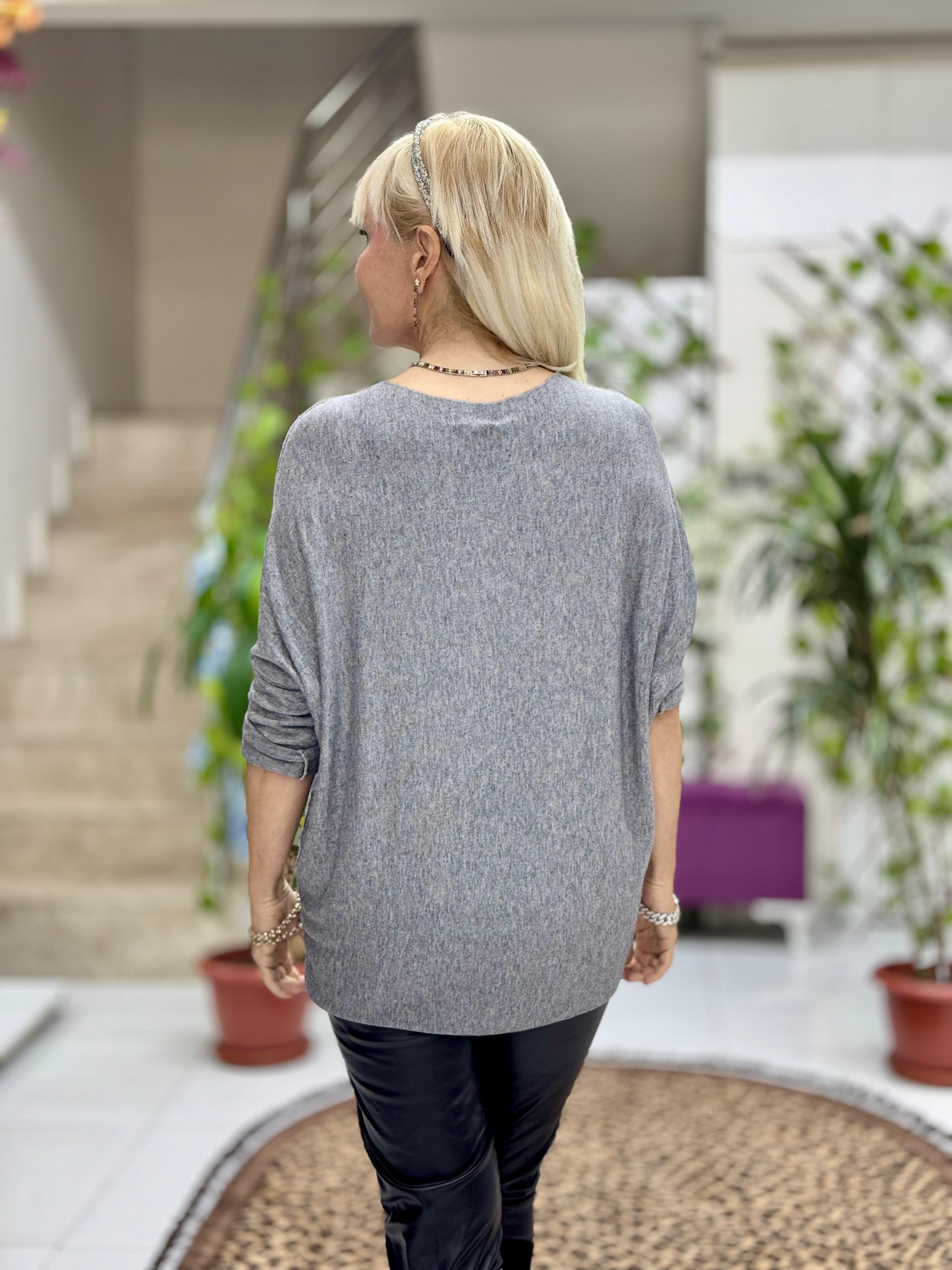 NC1778 İtalyan Yıldız desen Pulpayetli Bluz Gri