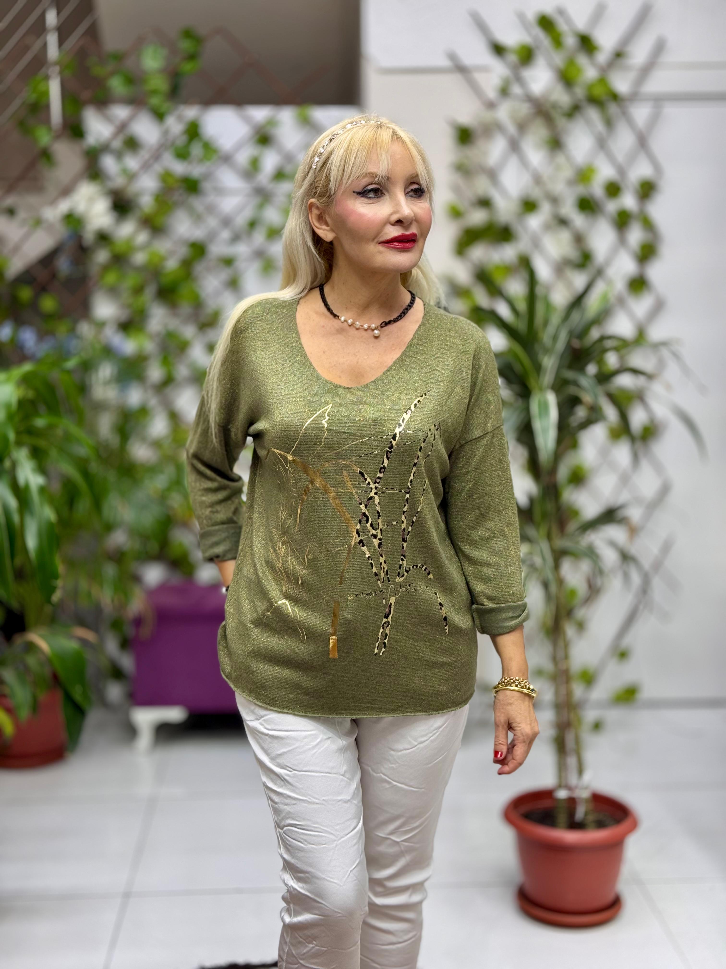 YG11773 Leopar Baskılı İtalyan Triko Bluz Haki