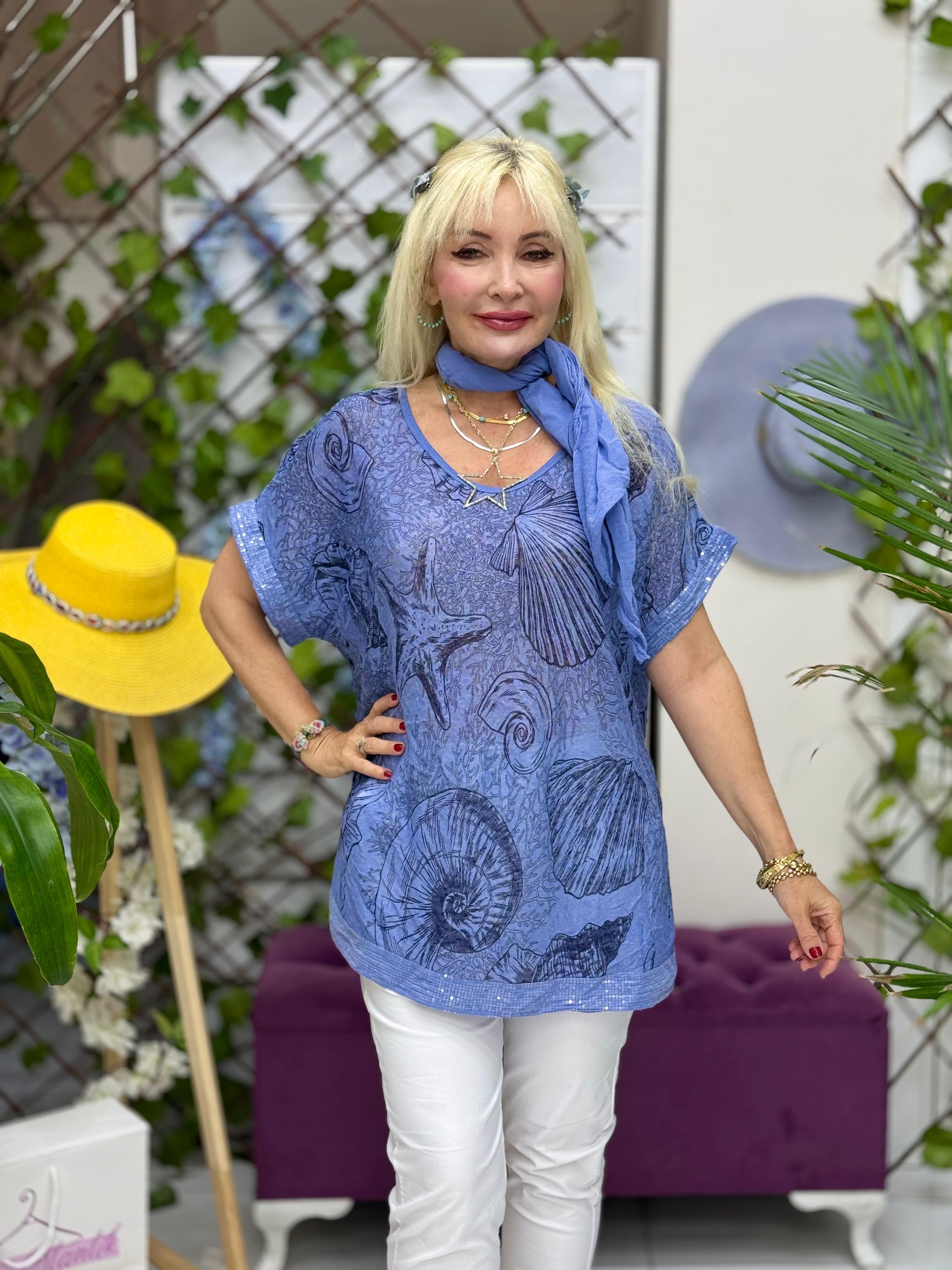 NC82560 İtalyan Fularlı Coton Bluz Mavi