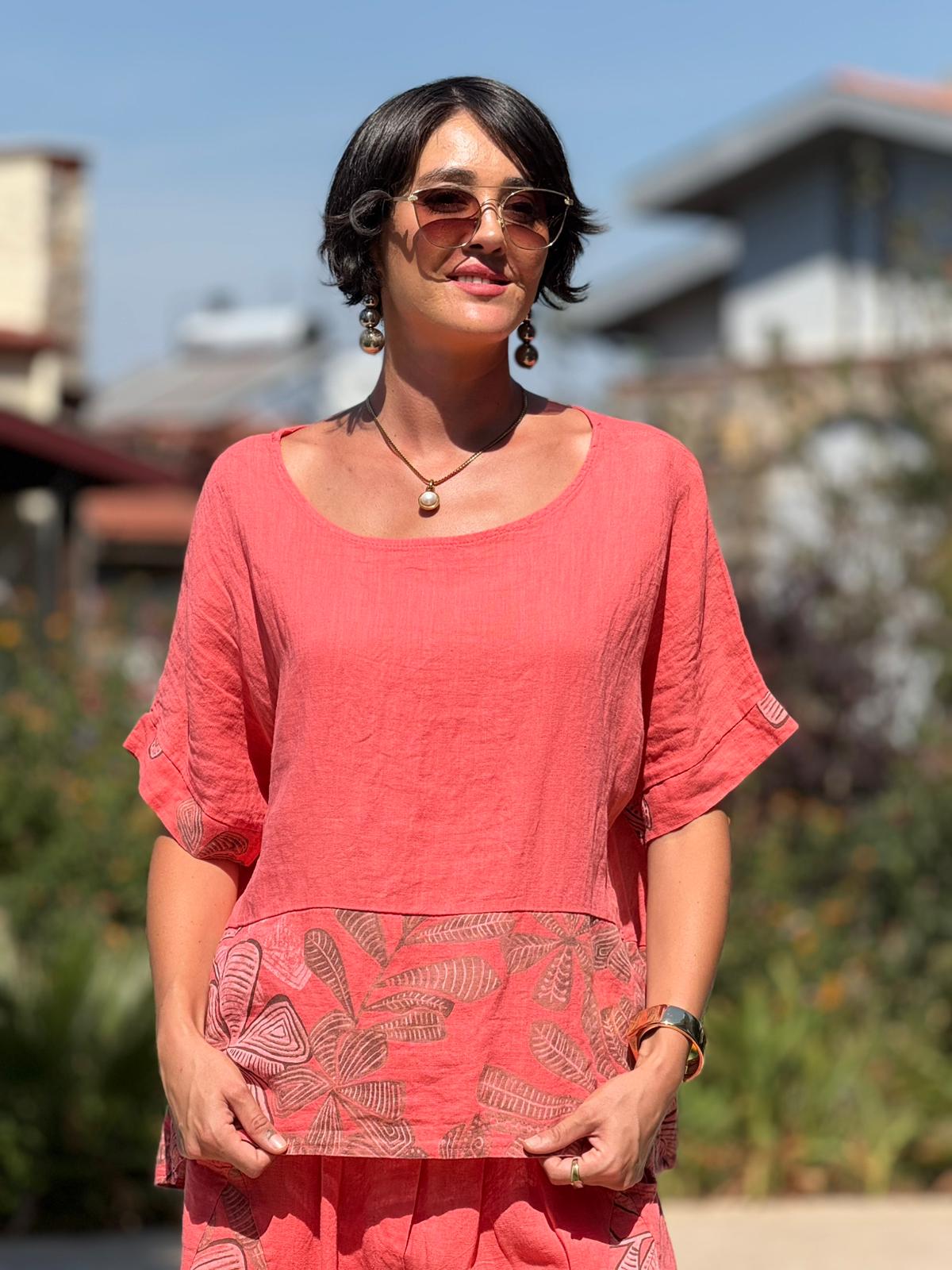 NC61253 İtalyan Çiçek Baskılı Keten Takım Mercan